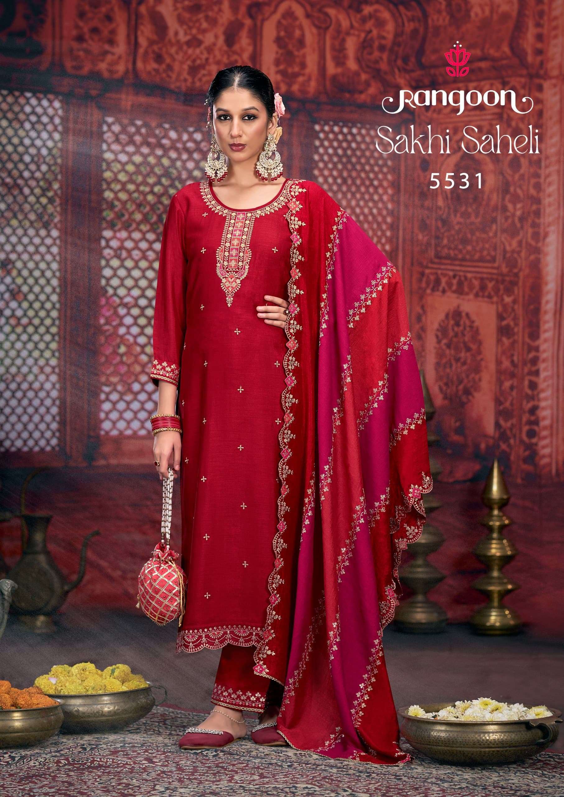 RANGOON SAKHI SAHELI FANCY SILK KURTI PANT WITH DUPATTA LATEST CATALOGUE WHOLESALE PRICE 