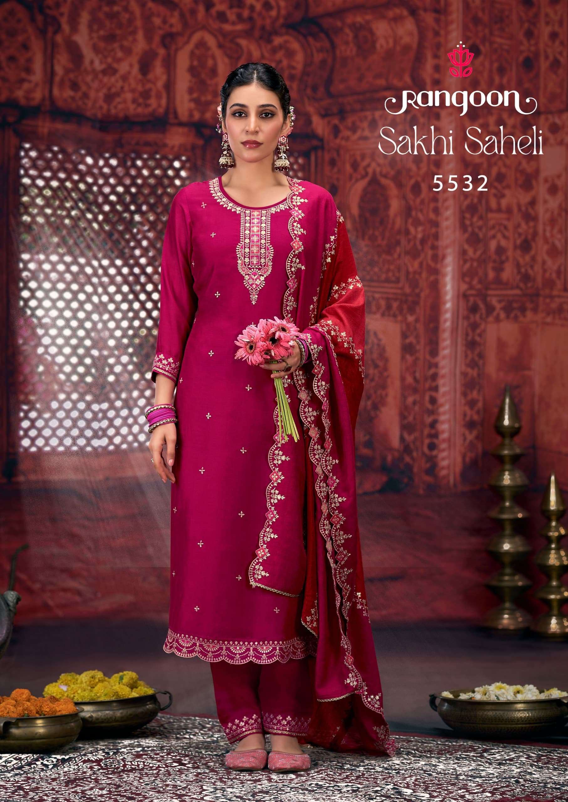 RANGOON SAKHI SAHELI FANCY SILK KURTI PANT WITH DUPATTA LATEST CATALOGUE WHOLESALE PRICE 