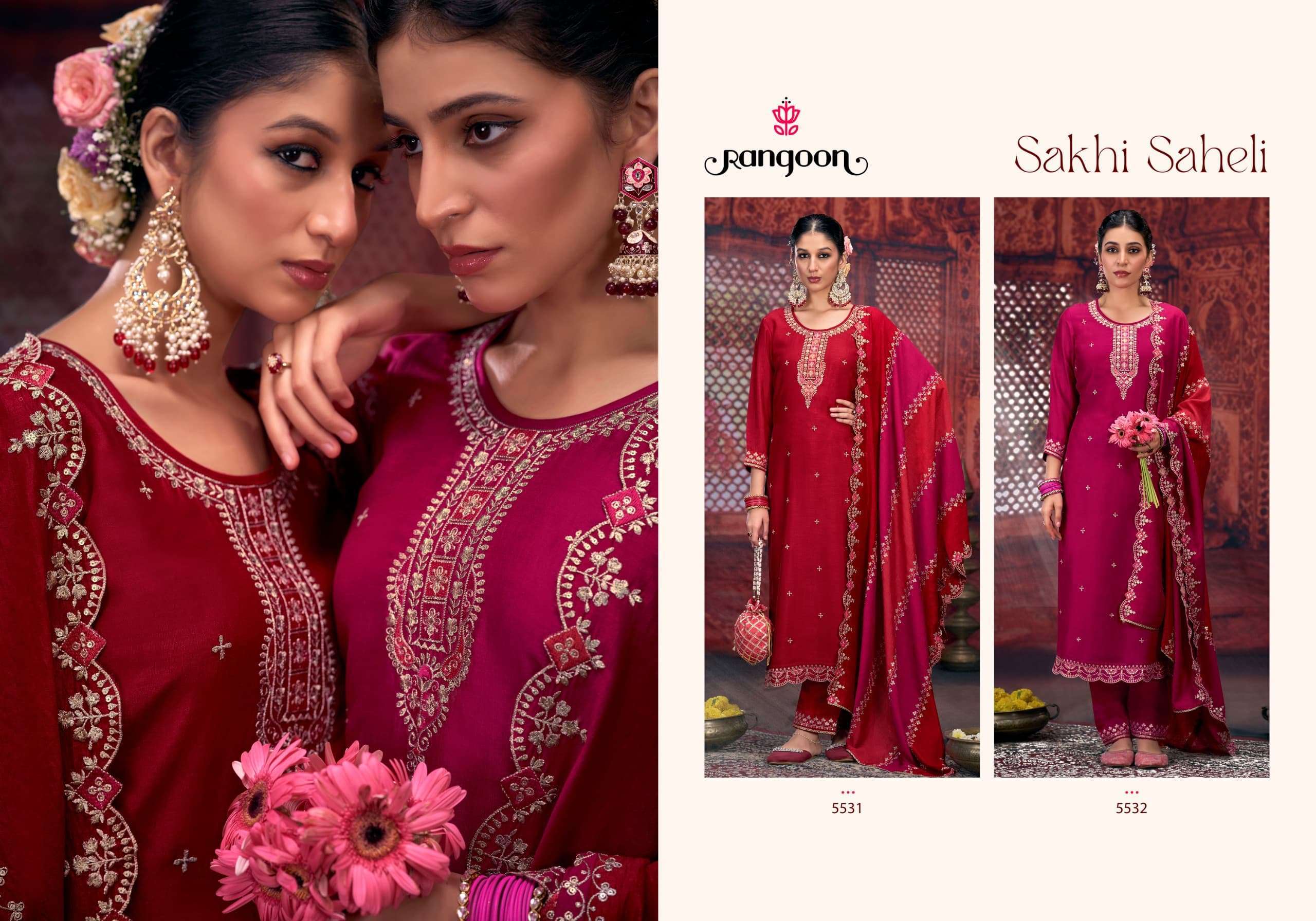 RANGOON SAKHI SAHELI FANCY SILK KURTI PANT WITH DUPATTA LATEST CATALOGUE WHOLESALE PRICE 