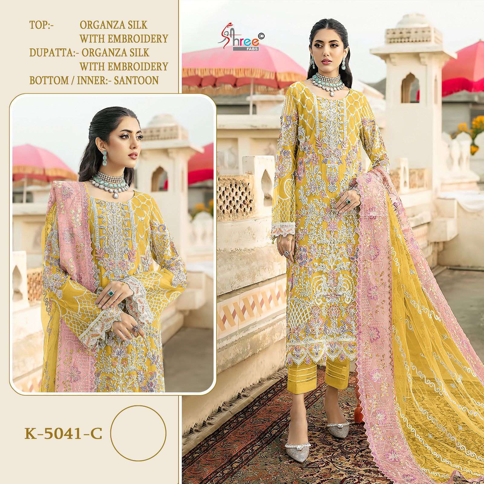 SHREE FAB K 5041 COLORS DESIGNER WORK ORGANZA PAKISYANI SUIT WHOLESALER 