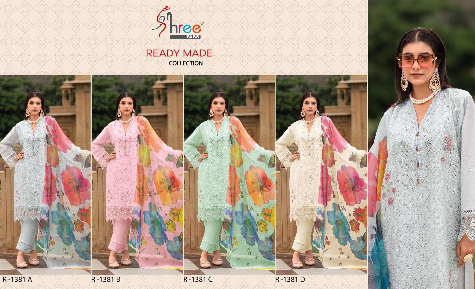 SHREE FAB R 1381 COLORS FANCY WORK PAKISTANI 3 PIECE SUIT CATALOGUE SUPPLIER 2024