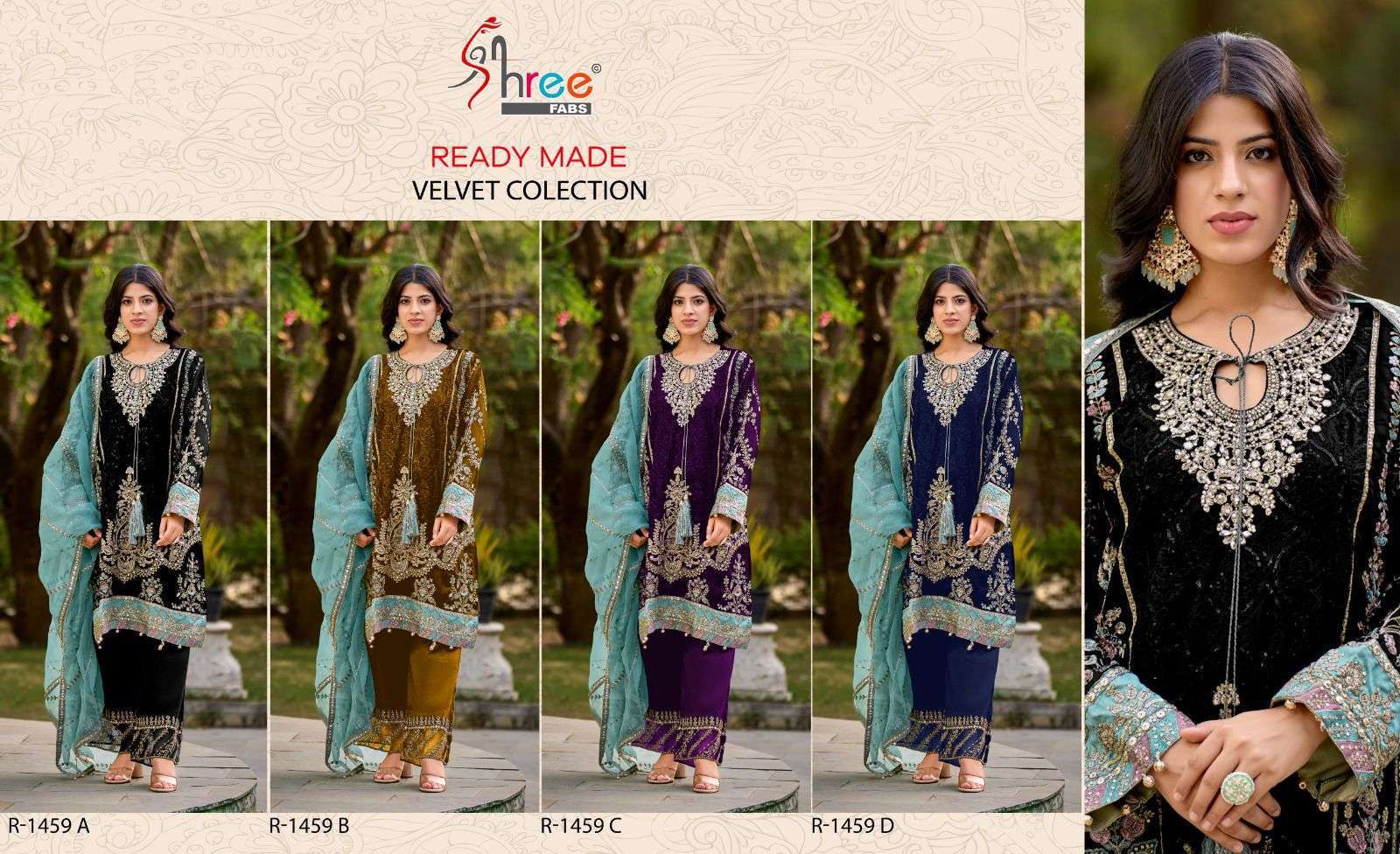 SHREE FAB R 1459 COLORS READYMADE DESIGNER VELVET SUIT COLLECTION WHOLESALER IN SURAT 2024