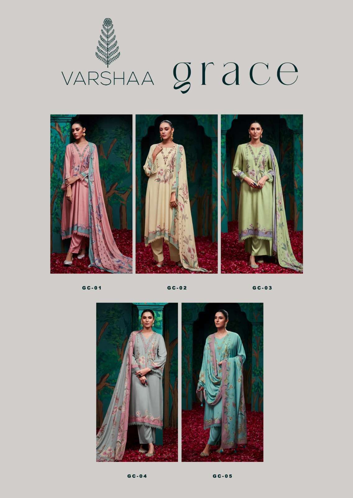 VARSHA GRACE FANCY HANDWORK MUSLIN SUIT CATALOGUE WHOLESALE RATE IN SURAT 2024