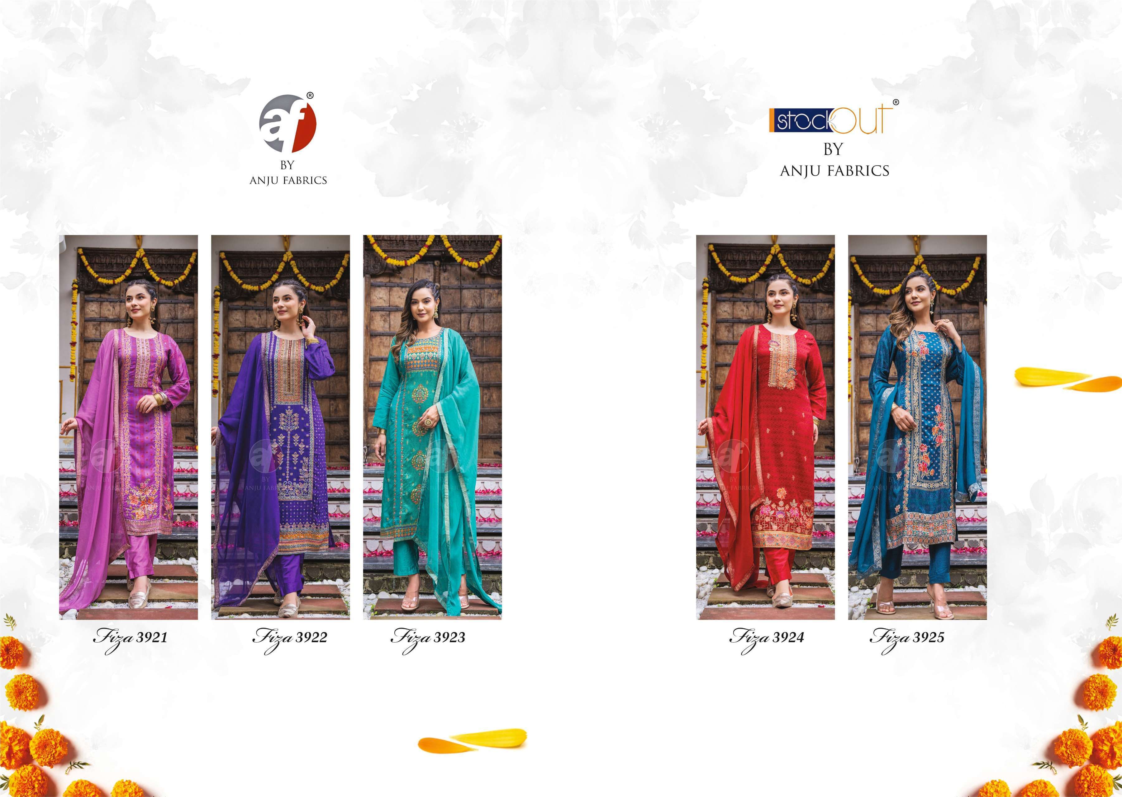AF STOCK OUT FIZA VOL 2 ANJU FABRIC KURTI PANT WITH DUPATTA LATEST CATALOGUE 2024