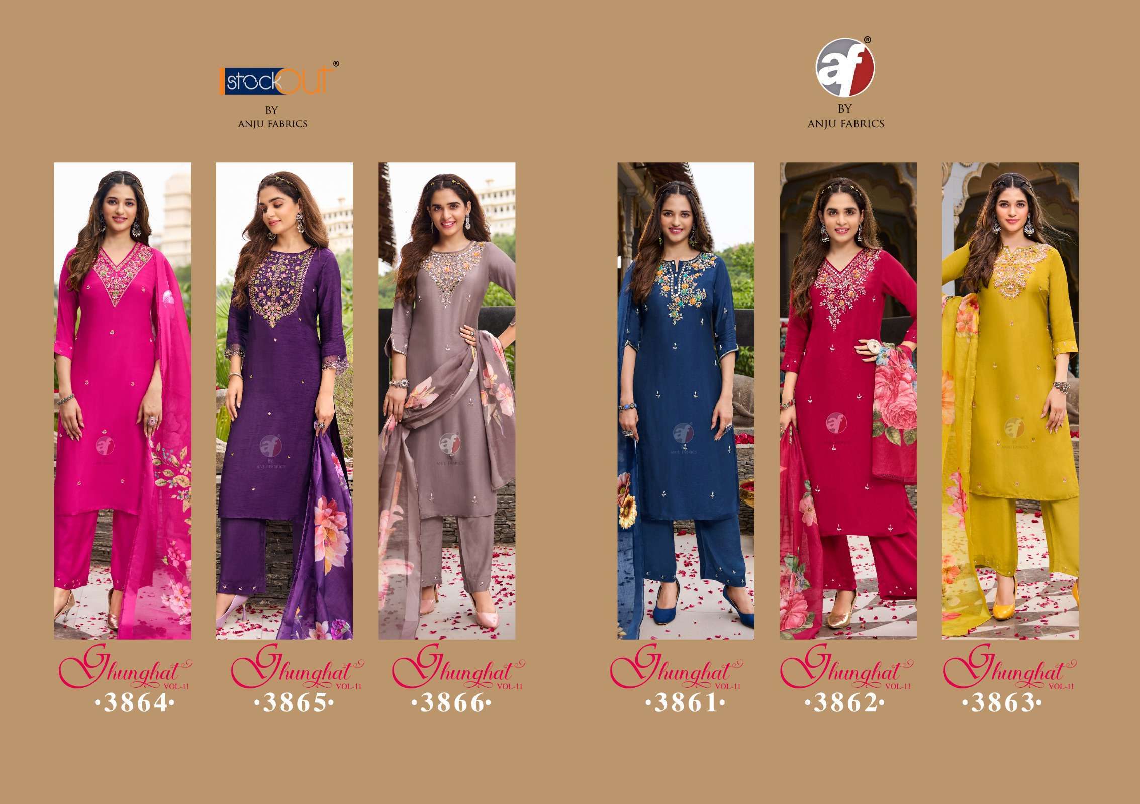 AF STOCK OUT GHUNGHAT VOL 11 BY ANJU FABRICS STYLISH KURTI PANT WITH DUPATTA LATEST CATALOGUE 2024
