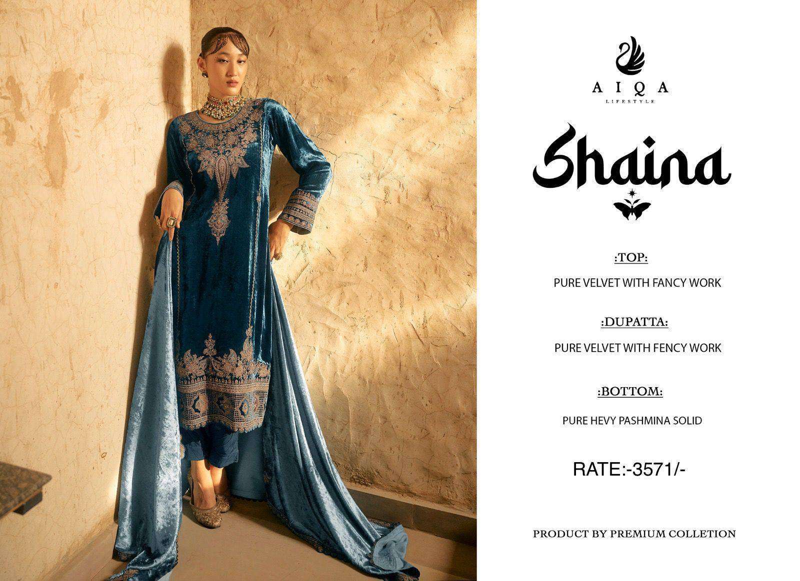 AIQA SHAINA LATEST DESIGNER AIQA VELVET SUIT CATALOG EXPORTER 2024