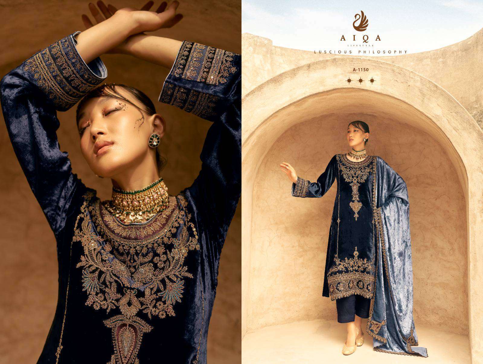 AIQA SHAINA LATEST DESIGNER AIQA VELVET SUIT CATALOG EXPORTER 2024