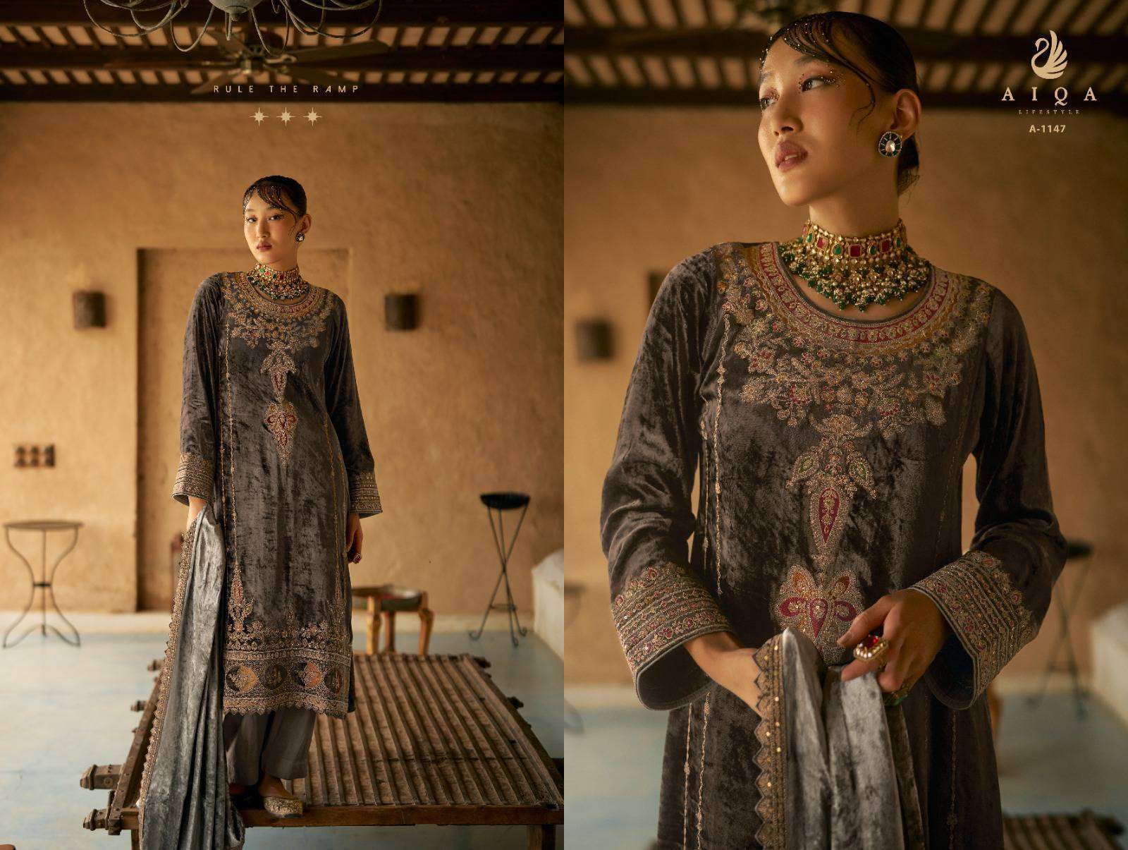 AIQA SHAINA LATEST DESIGNER AIQA VELVET SUIT CATALOG EXPORTER 2024