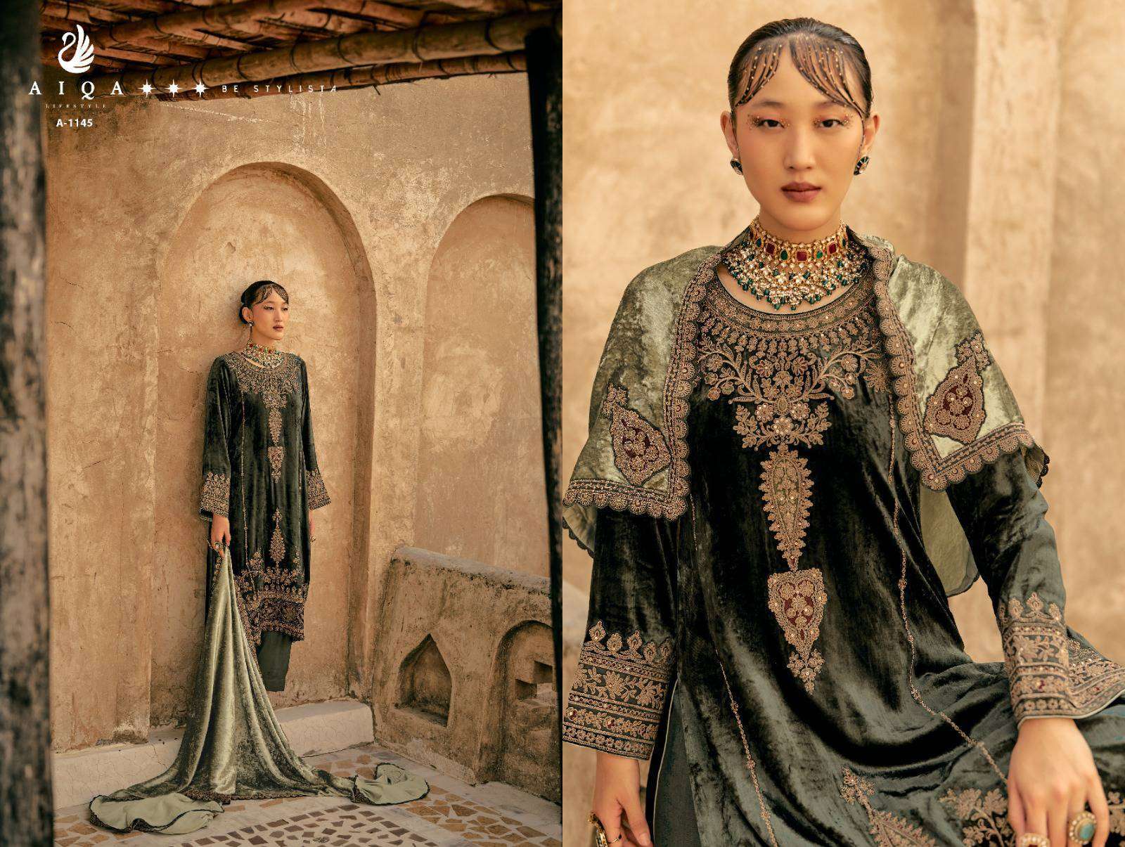 AIQA SHAINA LATEST DESIGNER AIQA VELVET SUIT CATALOG EXPORTER 2024