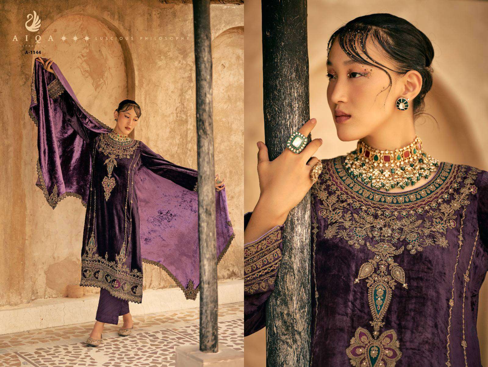 AIQA SHAINA LATEST DESIGNER AIQA VELVET SUIT CATALOG EXPORTER 2024