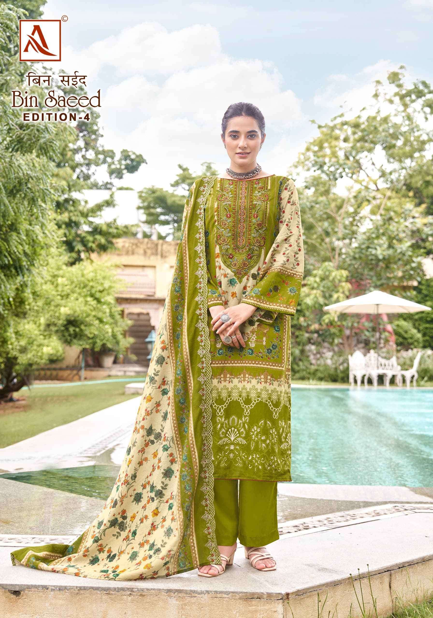 ALOK SUIT BIN SAEED VOL 4 EMBROIDERY WORK COTTON SUIT CATALOG SUPPLIER 