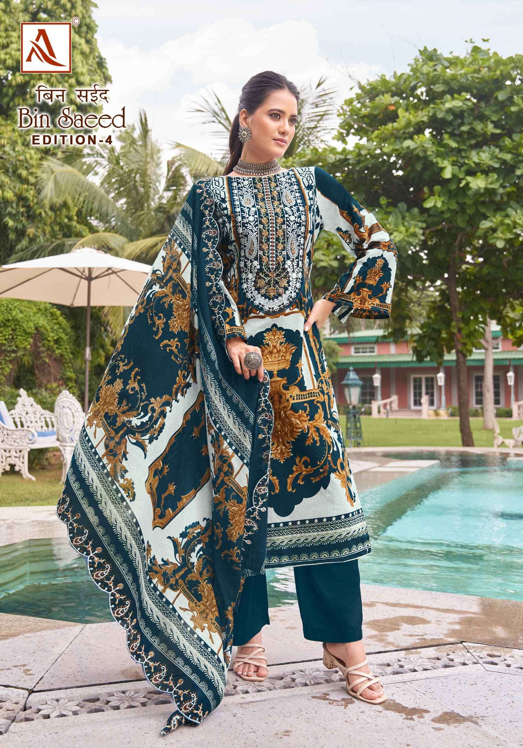 ALOK SUIT BIN SAEED VOL 4 EMBROIDERY WORK COTTON SUIT CATALOG SUPPLIER 