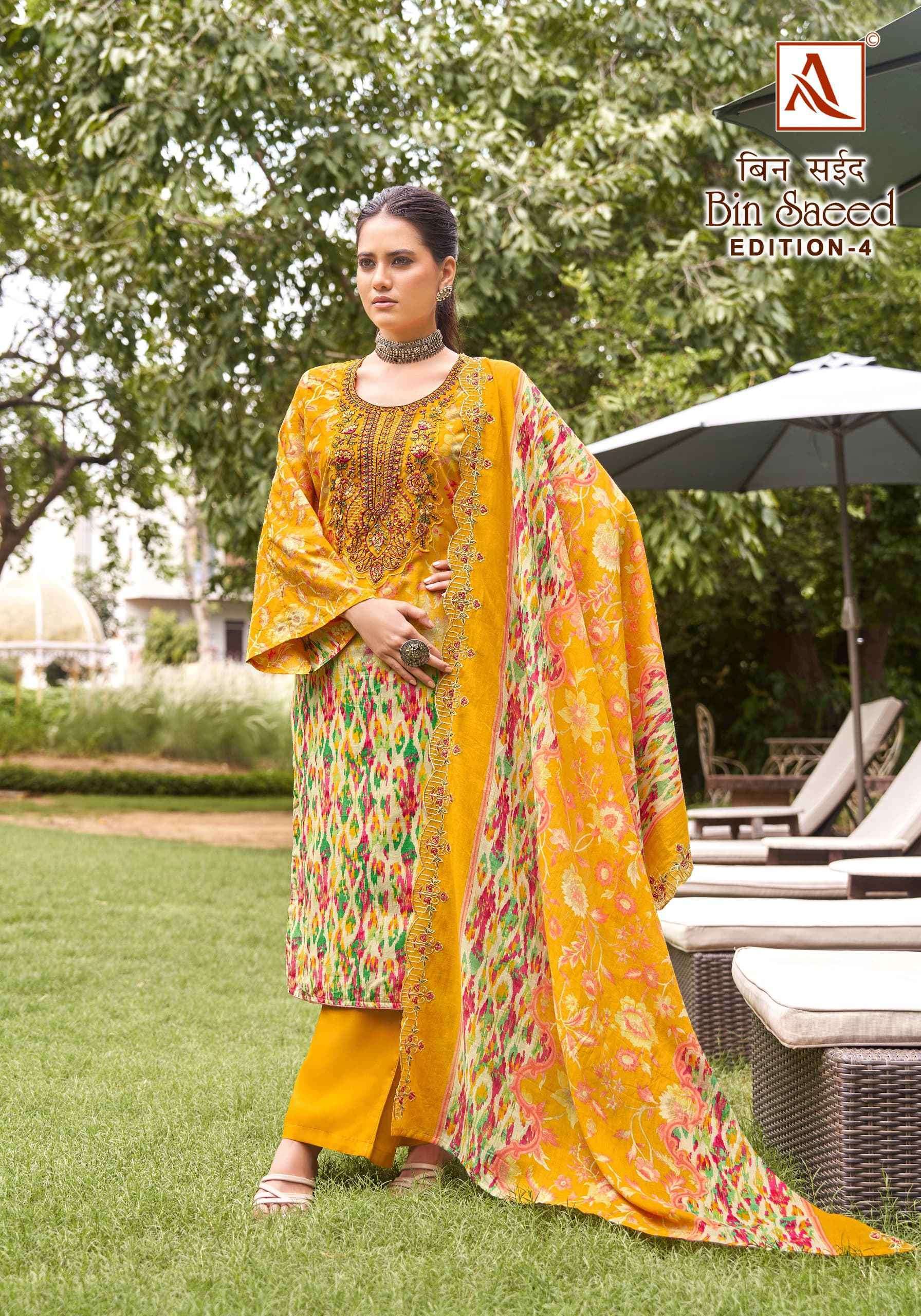 ALOK SUIT BIN SAEED VOL 4 EMBROIDERY WORK COTTON SUIT CATALOG SUPPLIER 