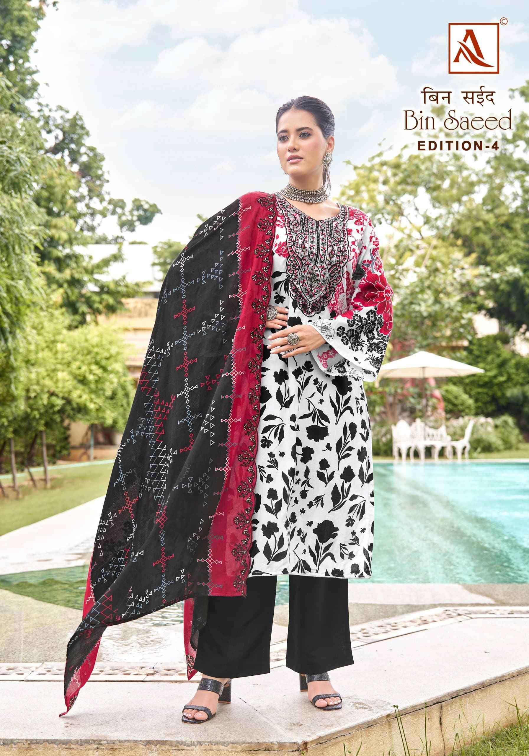 ALOK SUIT BIN SAEED VOL 4 EMBROIDERY WORK COTTON SUIT CATALOG SUPPLIER 