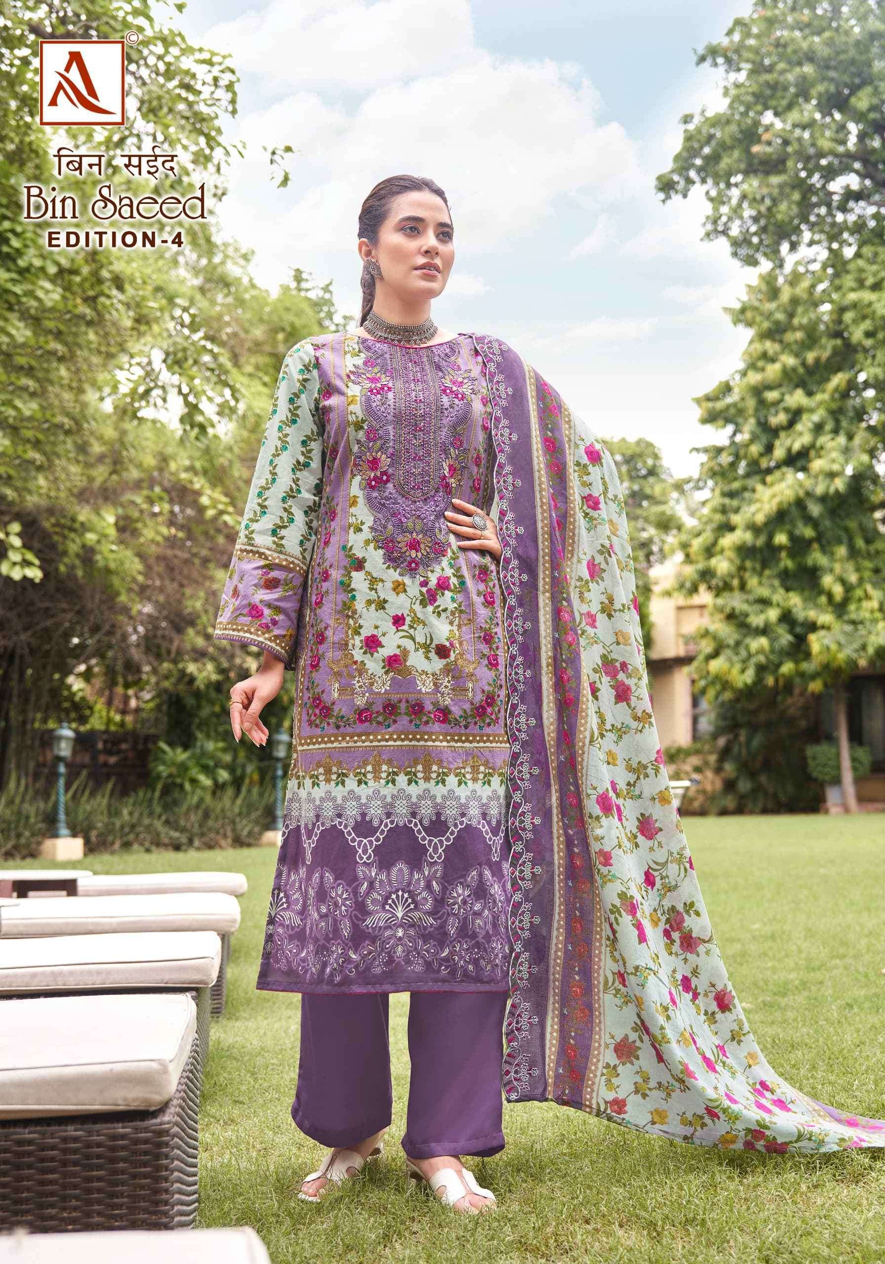 ALOK SUIT BIN SAEED VOL 4 EMBROIDERY WORK COTTON SUIT CATALOG SUPPLIER 