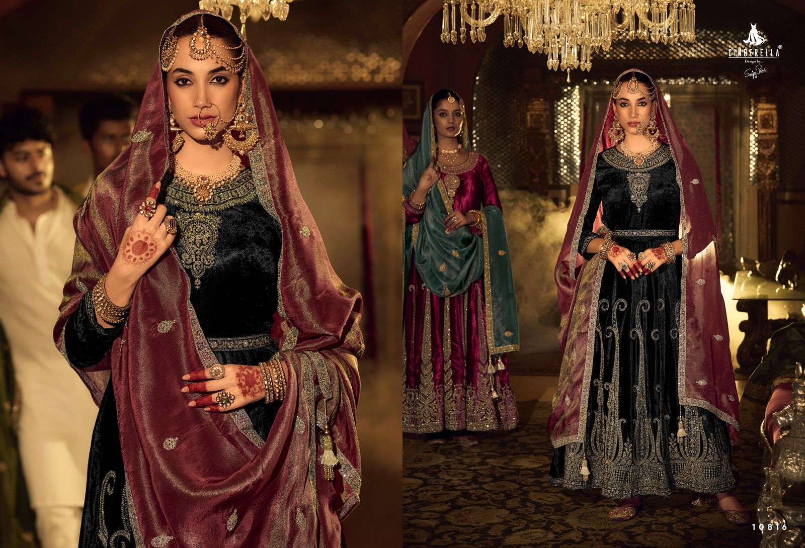 CINDERELLA ANARKALI BRIDAL WEAR VELVET DESIGNER DRESS CATALOG EXPORTER 