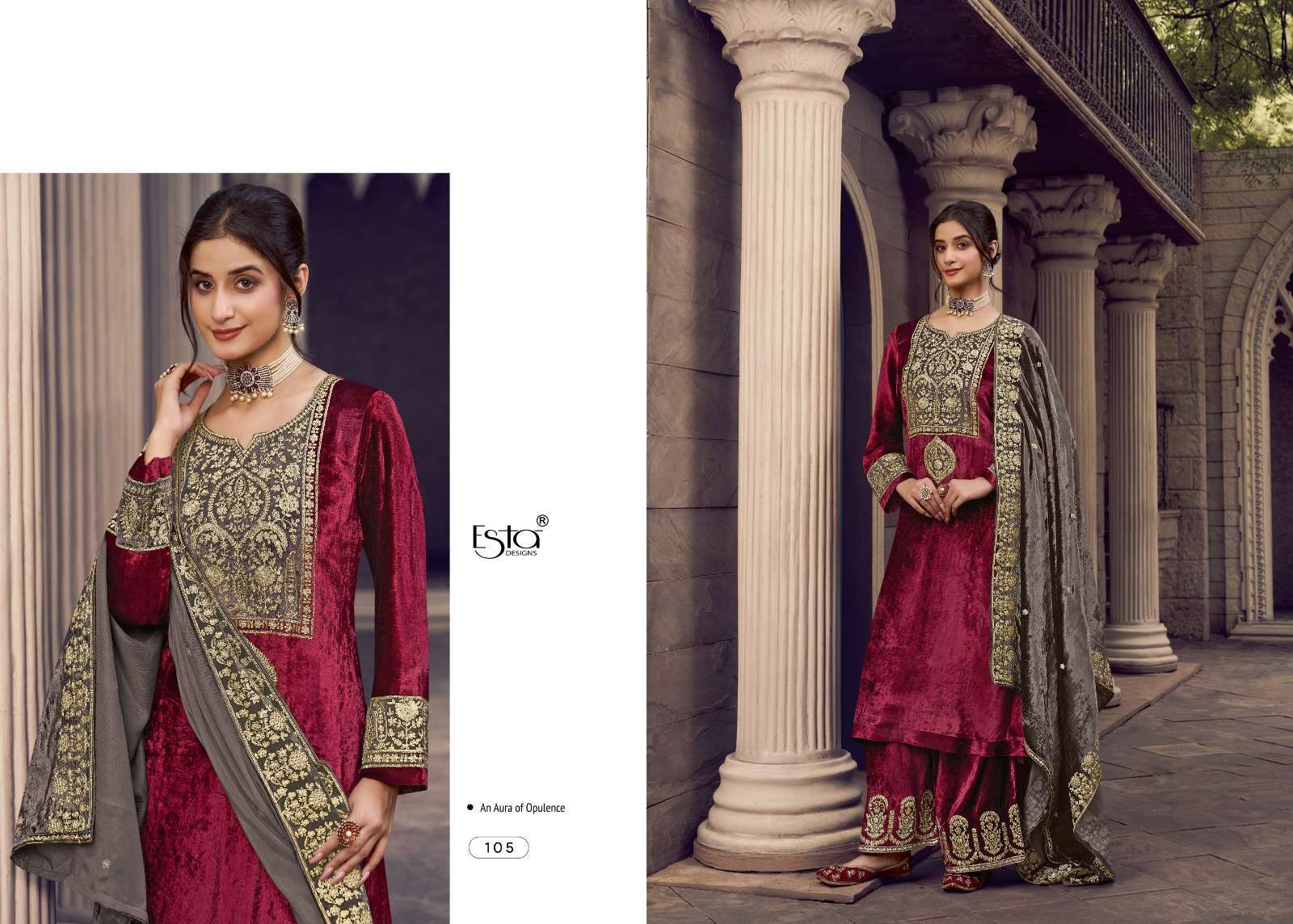 ESTA ORA DESIGNER WORK PARTY WEAR VELVET SUIT CATALOGUE SUPPLIER BEST RATE EXPORTER 2024