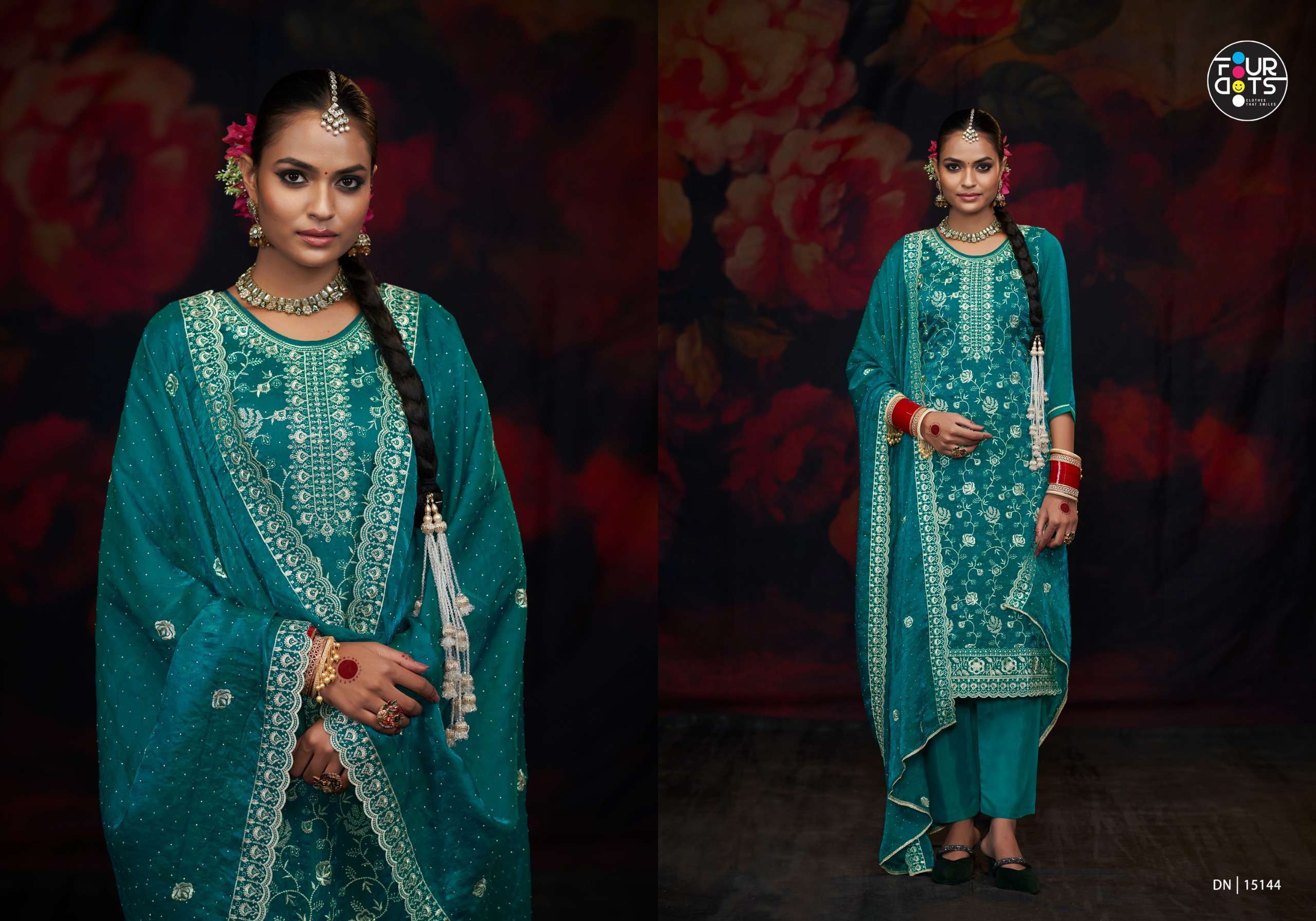 FOURDOTS ANTARA DESIGNER WORK SILK SUIT CATALOG WHOLESALER 2024