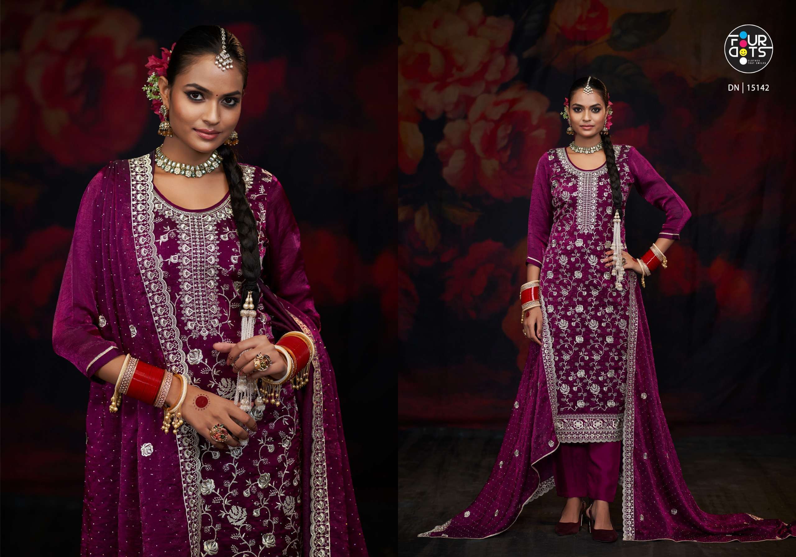 FOURDOTS ANTARA DESIGNER WORK SILK SUIT CATALOG WHOLESALER 2024