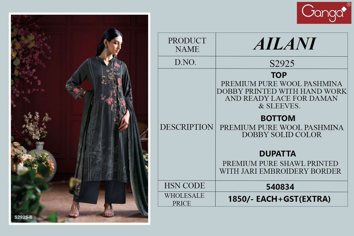 GANGA FASHION AILANI 2925 EXCLUSIVE PASHMINA SUIT CATALOG SUPPLIER EXPORTER 