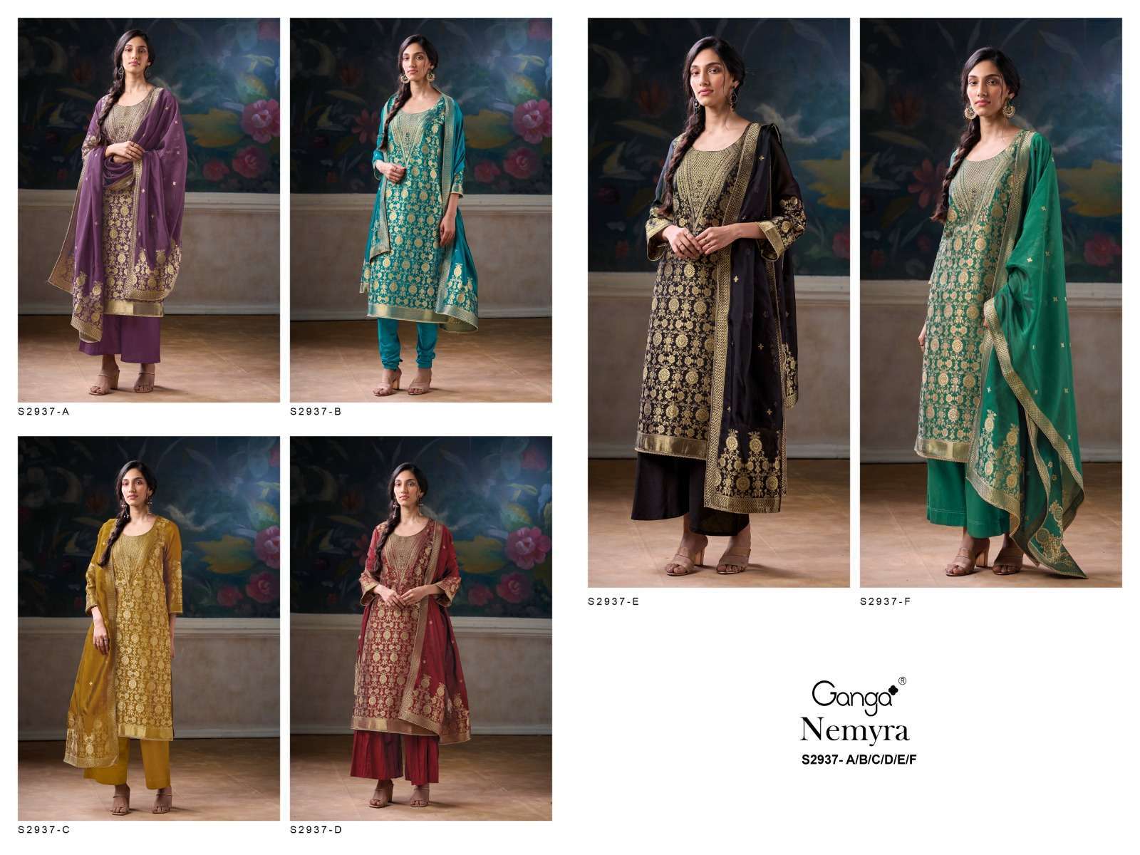 GANGA FASHION NEMYRA 2937 PARTYWEAR SILK JACQUARD SUIT CATALOG EXPORTER 2024