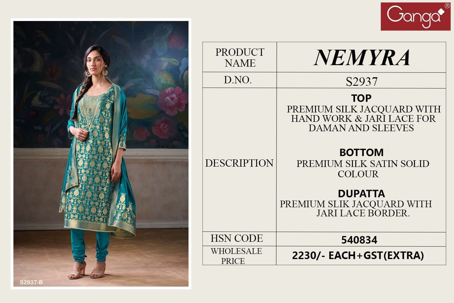 GANGA FASHION NEMYRA 2937 PARTYWEAR SILK JACQUARD SUIT CATALOG EXPORTER 2024