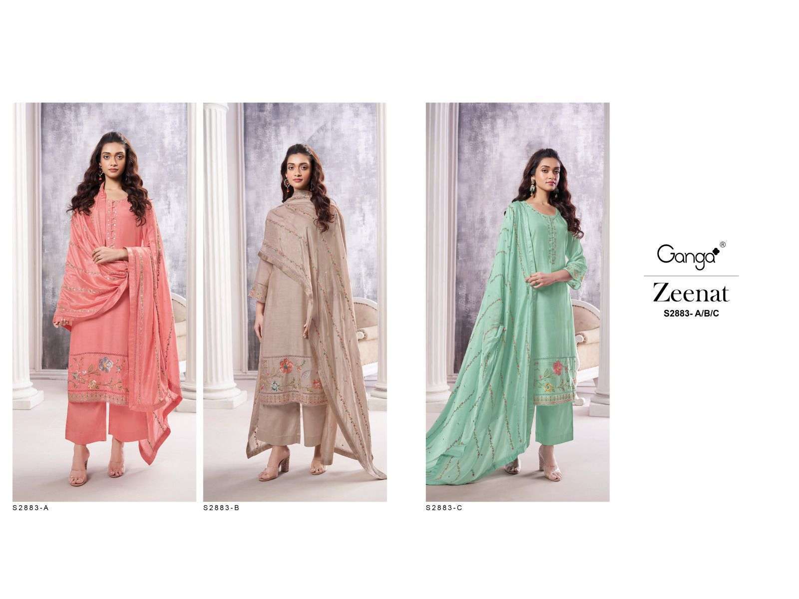 GANGA FASHION ZEENAT 2883 DESIGNER BEMBERG SILK SUIT CATALOGUE WHOLESALER 2024