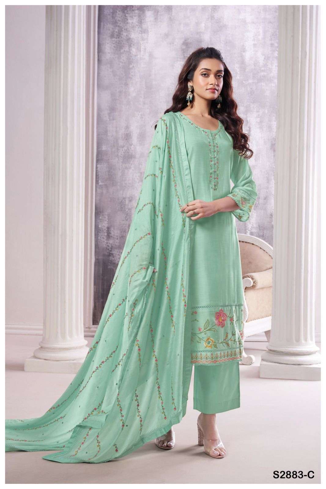 GANGA FASHION ZEENAT 2883 DESIGNER BEMBERG SILK SUIT CATALOGUE WHOLESALER 2024