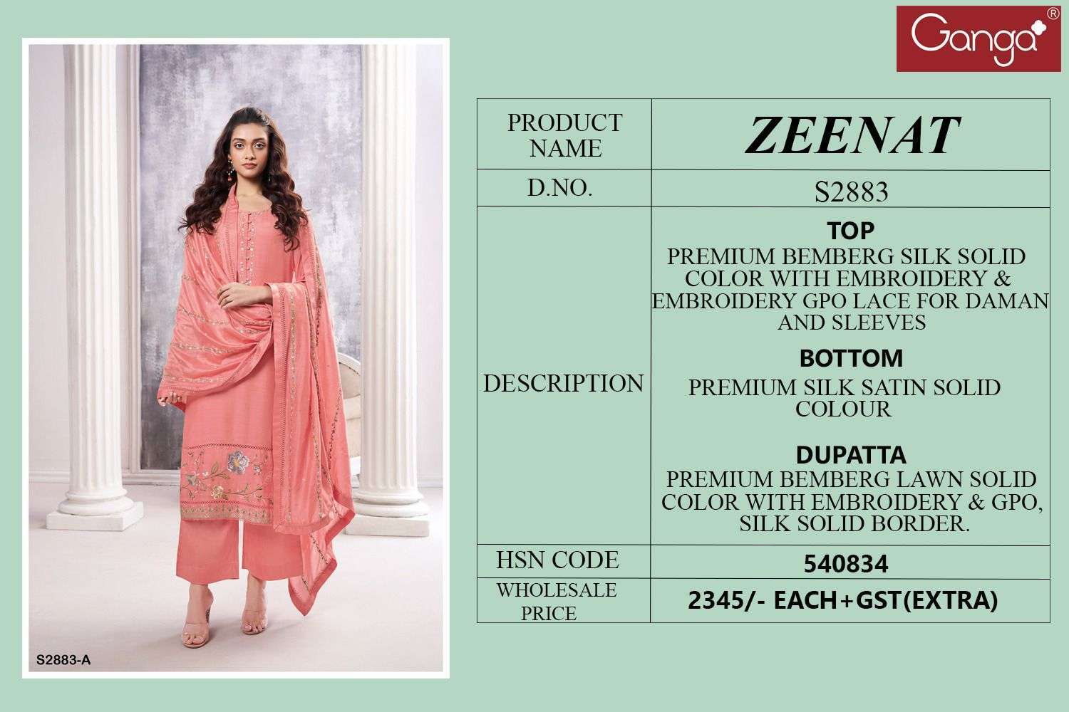 GANGA FASHION ZEENAT 2883 DESIGNER BEMBERG SILK SUIT CATALOGUE WHOLESALER 2024