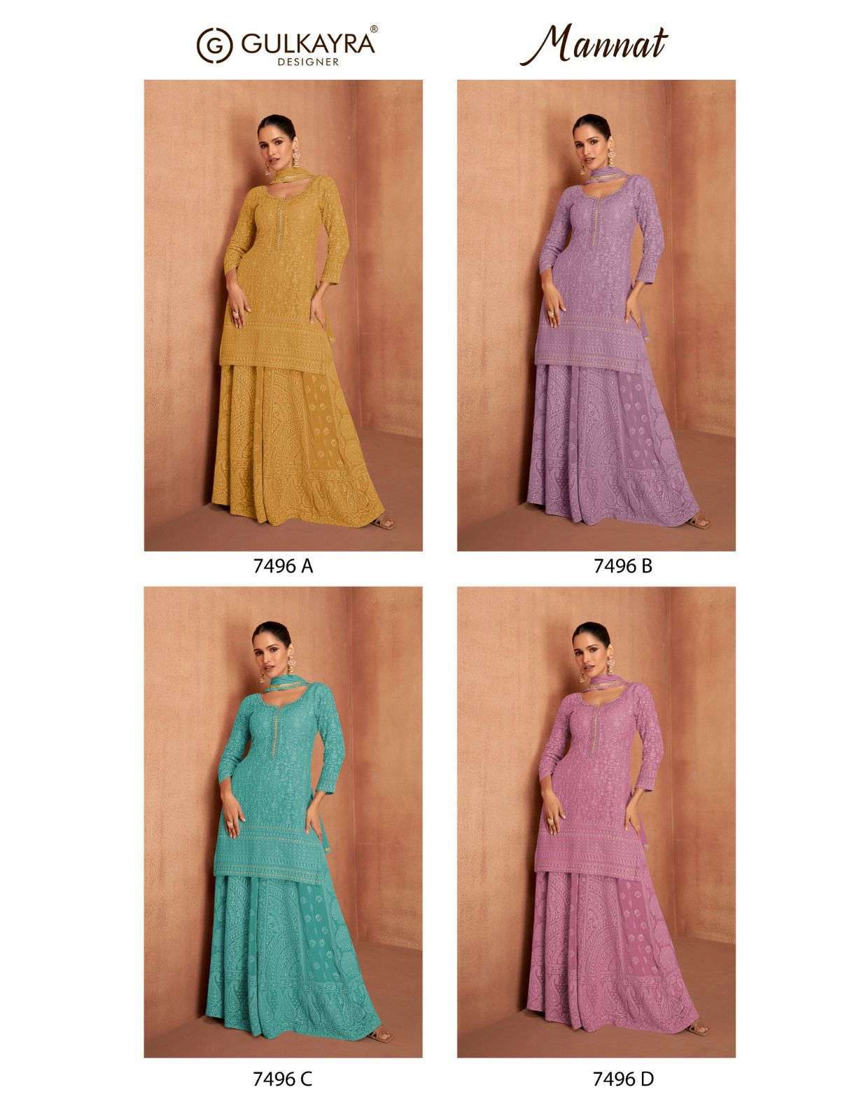 GULKAYRA MANNAT 7496 COLORS GEORGETTE SHARARA DRESS CATALOG EXPORTERS 