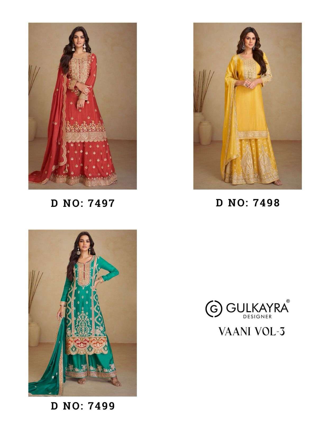 GULKAYRA VAANI VOL 3 7497 TO 7499 PARTYWEAR DESIGNER DRESS CATALOG EXPORTER 2024