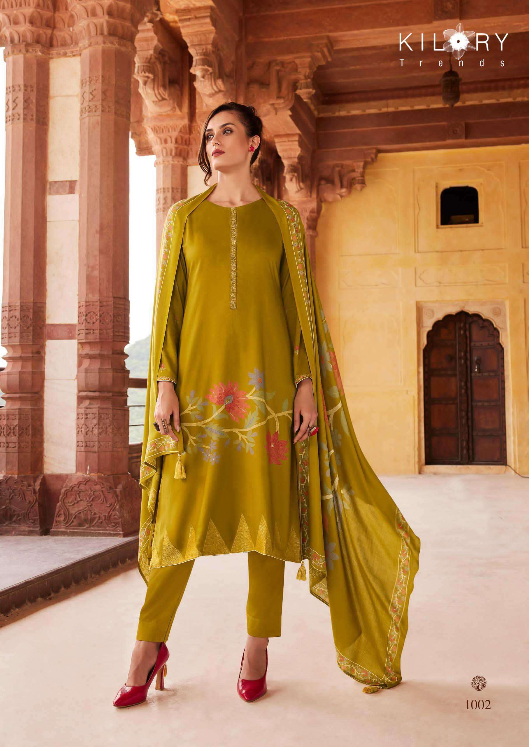 KILORY TRENDZ CRYSTAL FANCY PASHMINA SUIT CATALOG EXPORTER 2024