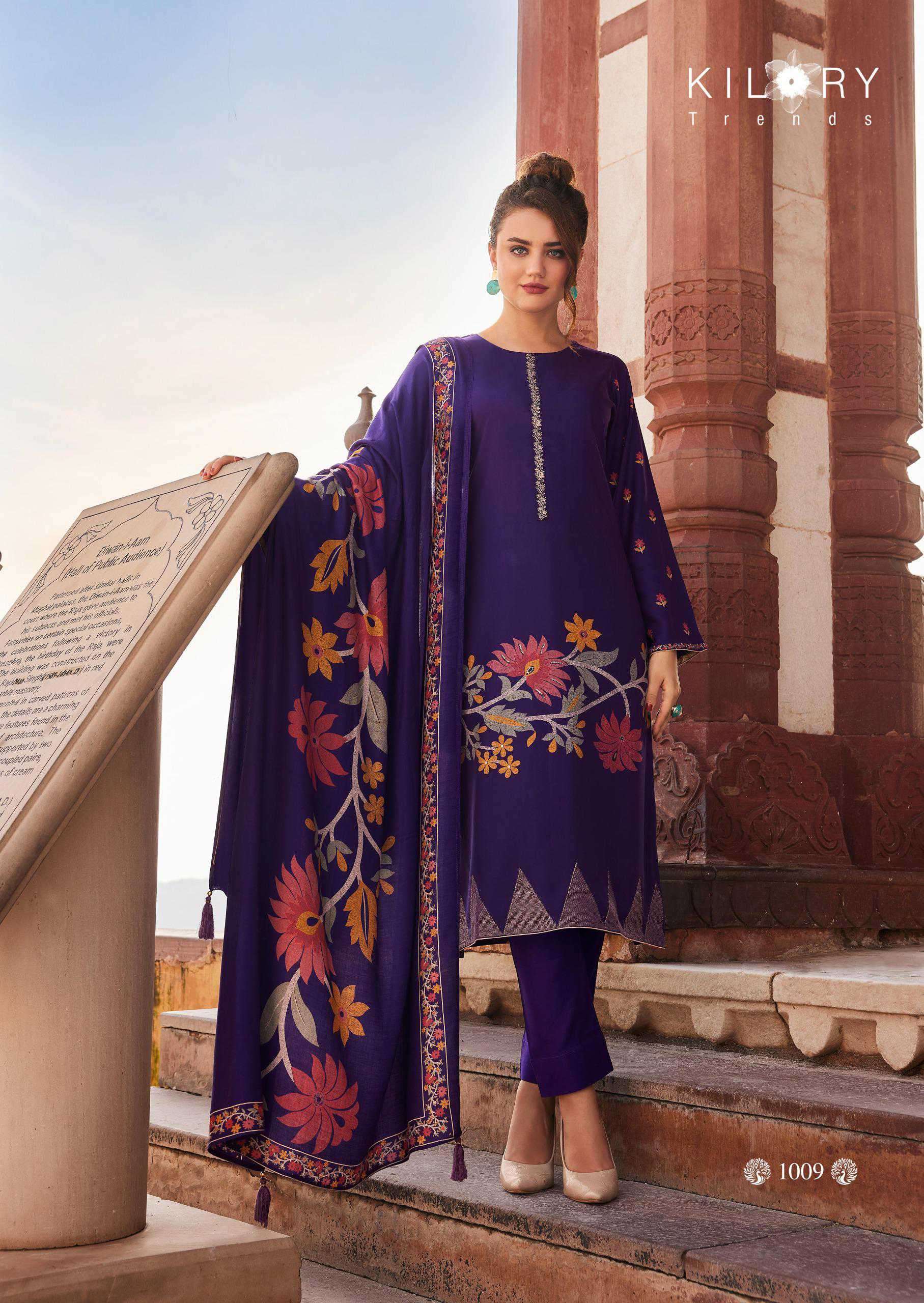 KILORY TRENDZ CRYSTAL FANCY PASHMINA SUIT CATALOG EXPORTER 2024