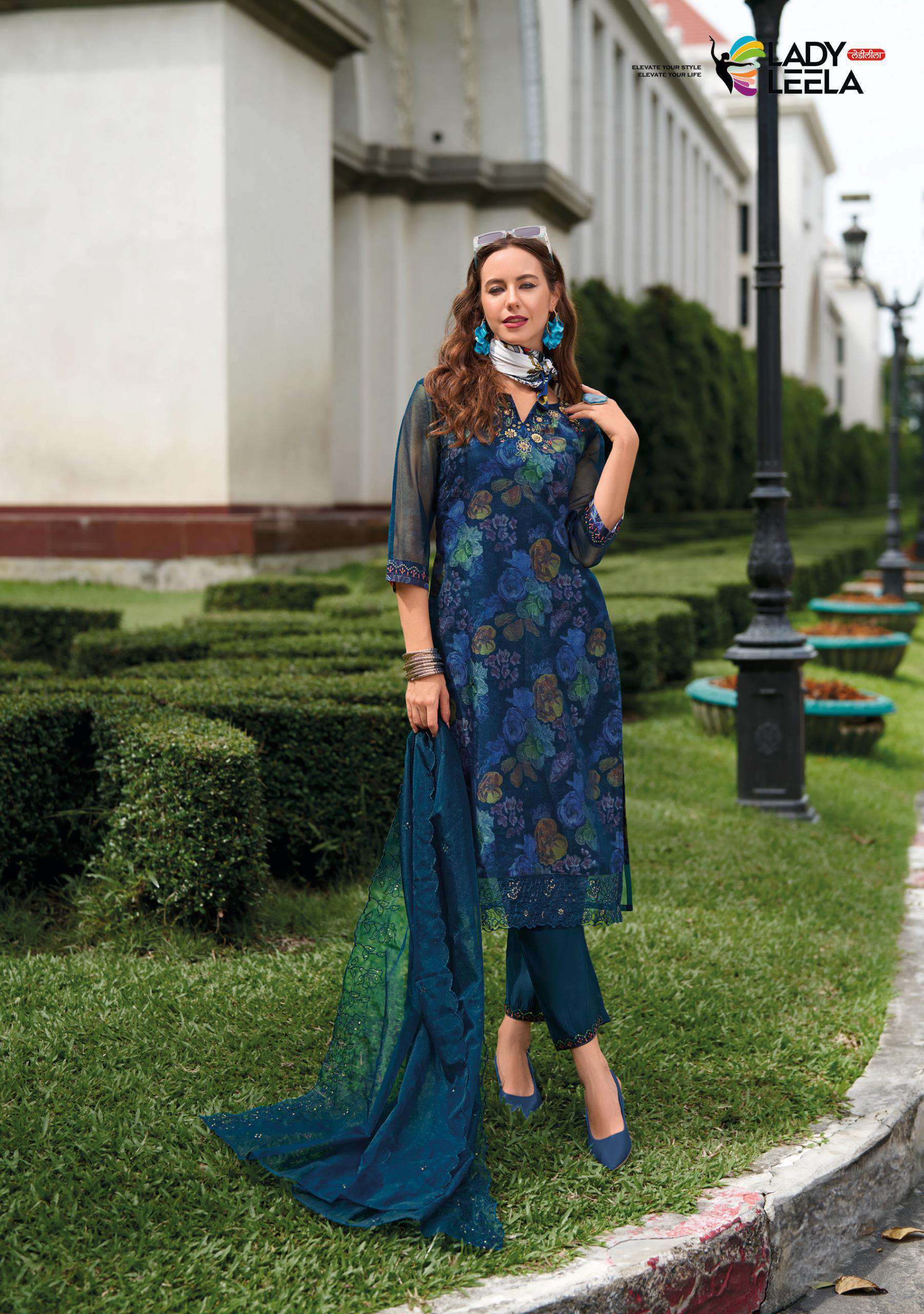 LADY LEELA ALEENA DESIGNER ORGANZA KURTI PANT WITH DUPATTA LATEST CATALOGUE WHOLESALER 