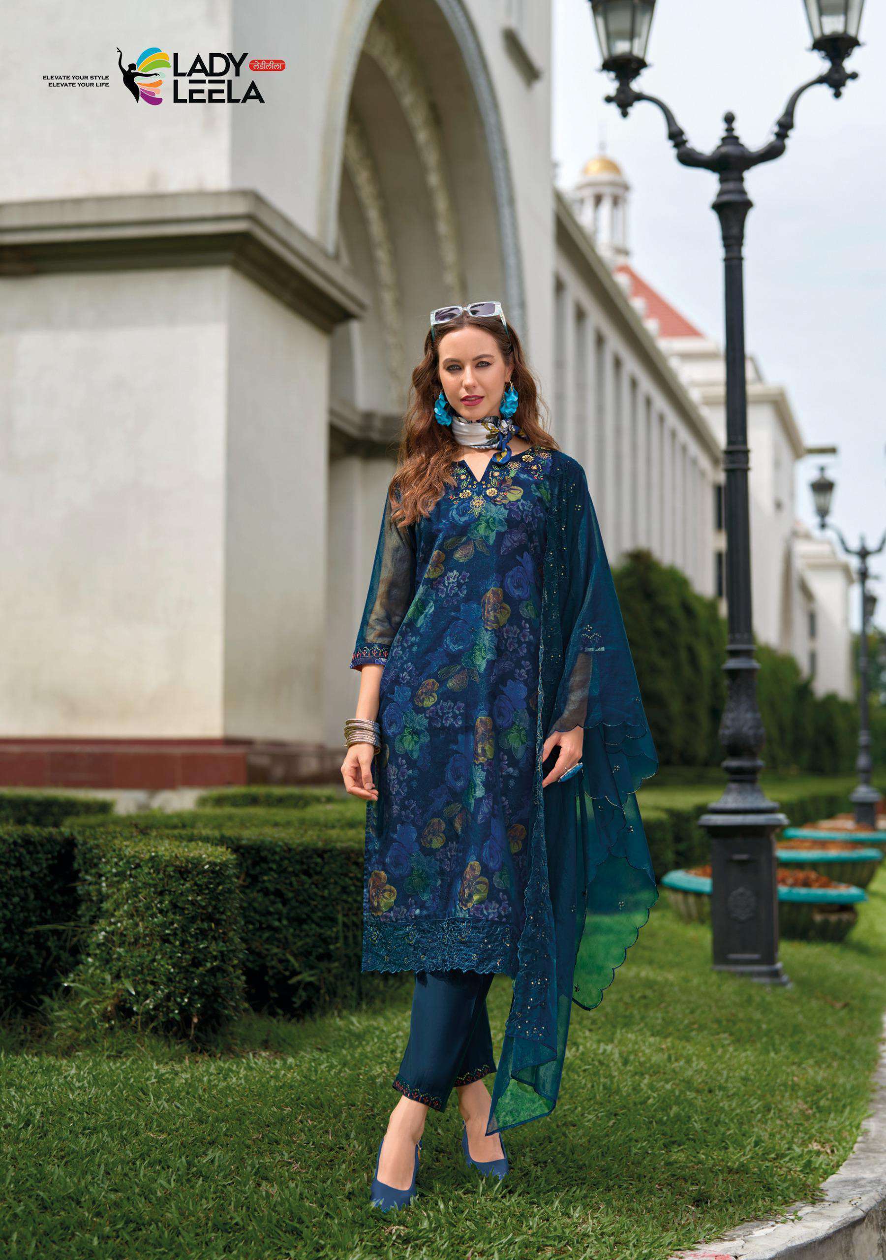 LADY LEELA ALEENA DESIGNER ORGANZA KURTI PANT WITH DUPATTA LATEST CATALOGUE WHOLESALER 