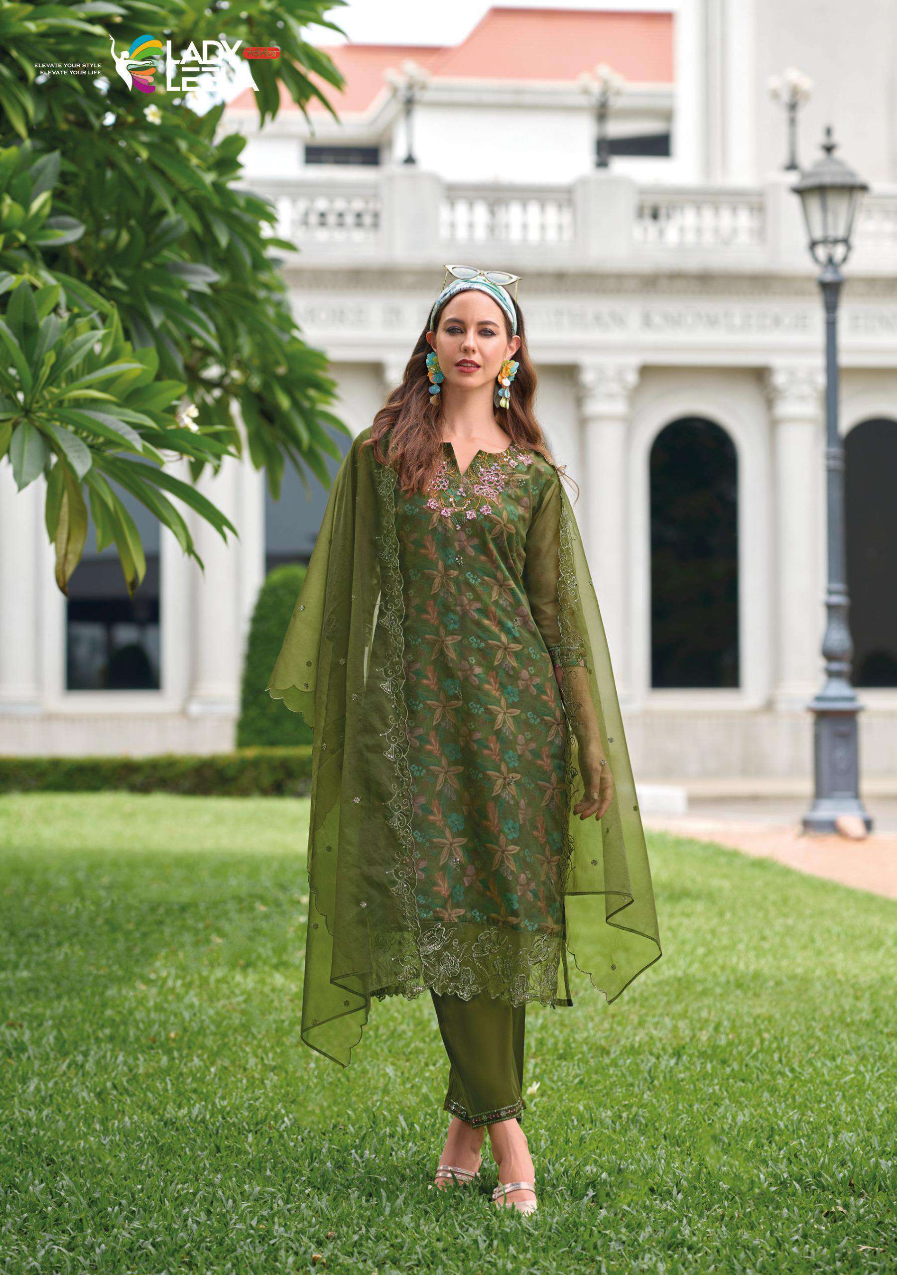 LADY LEELA ALEENA DESIGNER ORGANZA KURTI PANT WITH DUPATTA LATEST CATALOGUE WHOLESALER 