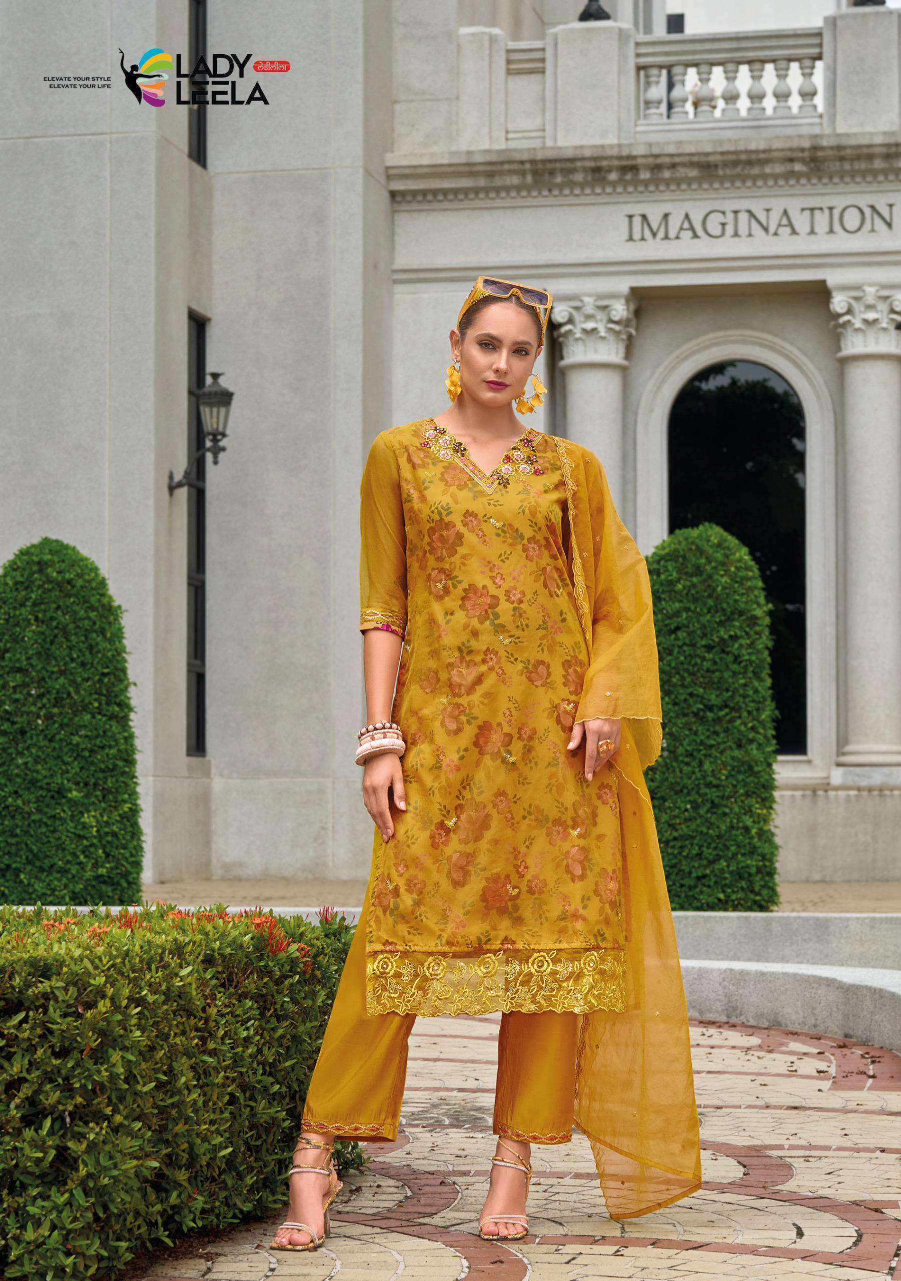 LADY LEELA ALEENA DESIGNER ORGANZA KURTI PANT WITH DUPATTA LATEST CATALOGUE WHOLESALER 