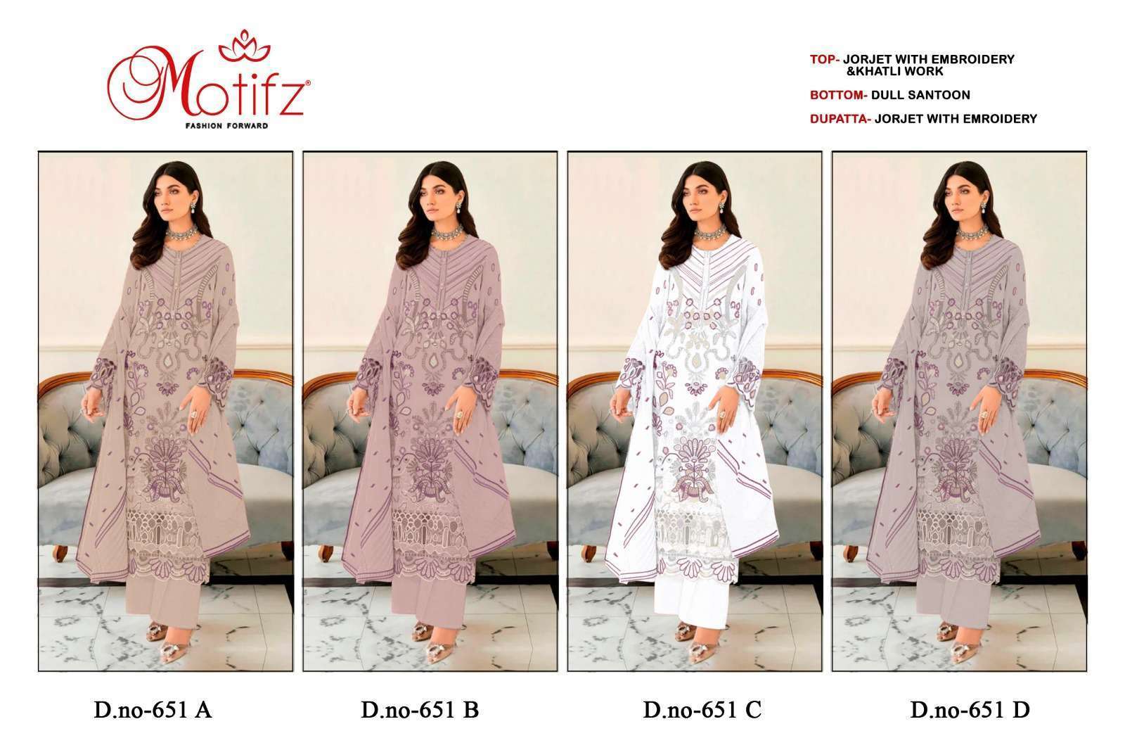 MOTIFZ D 651 COLORS UNSTITCH PAKISTANI GEORGETTE SUIT SUPPLIER IN SURAT 