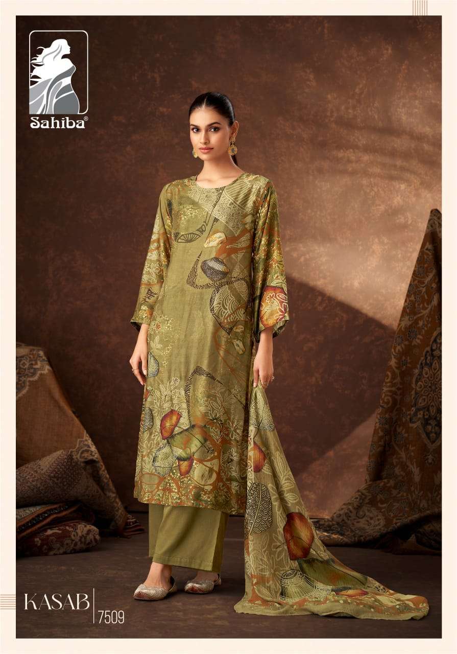 SAHIBA KASAB LADIES WEAR FANCY MUSLIN SILK SUIT CATALOGUE WHOLESALER 2024