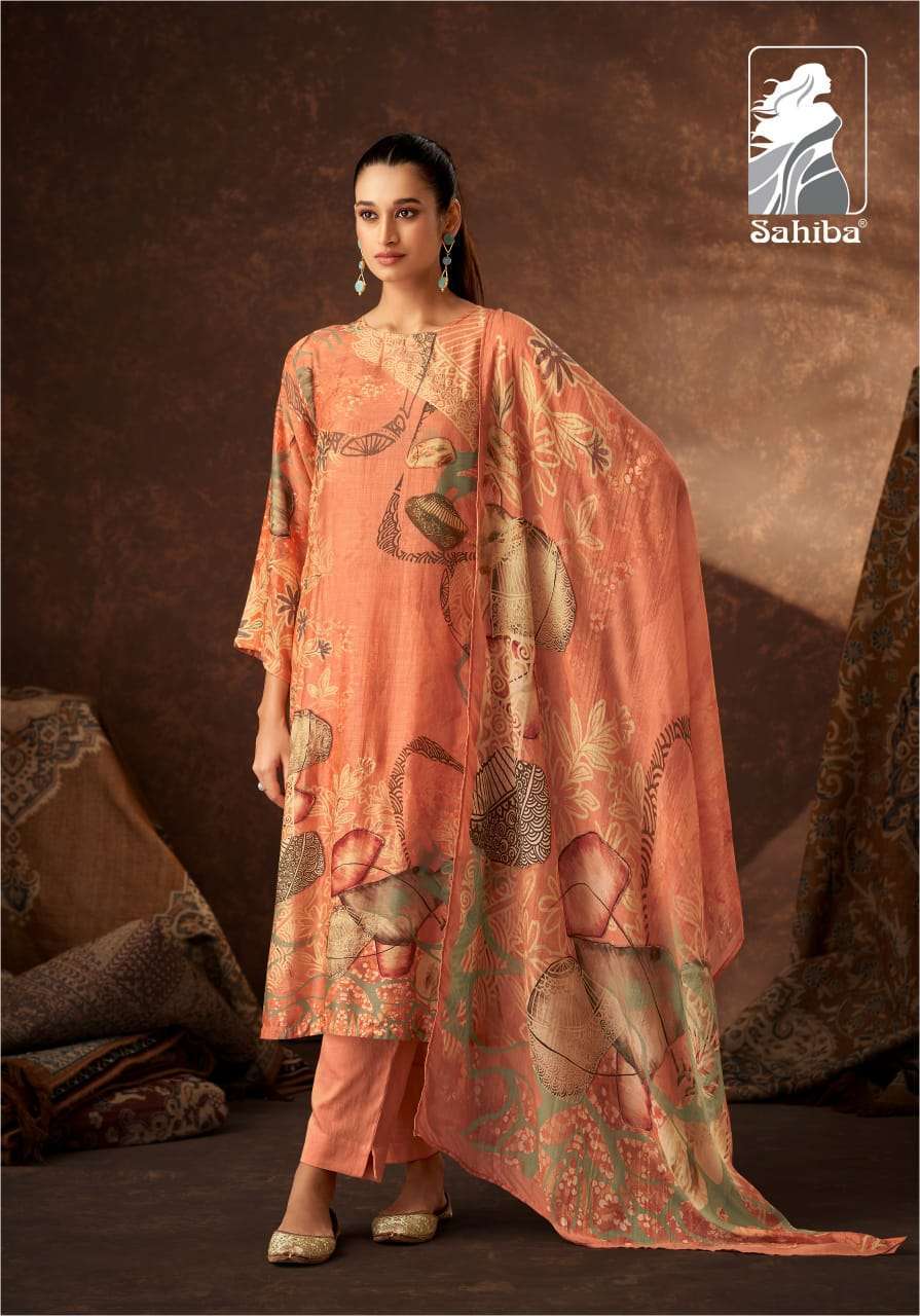SAHIBA KASAB LADIES WEAR FANCY MUSLIN SILK SUIT CATALOGUE WHOLESALER 2024