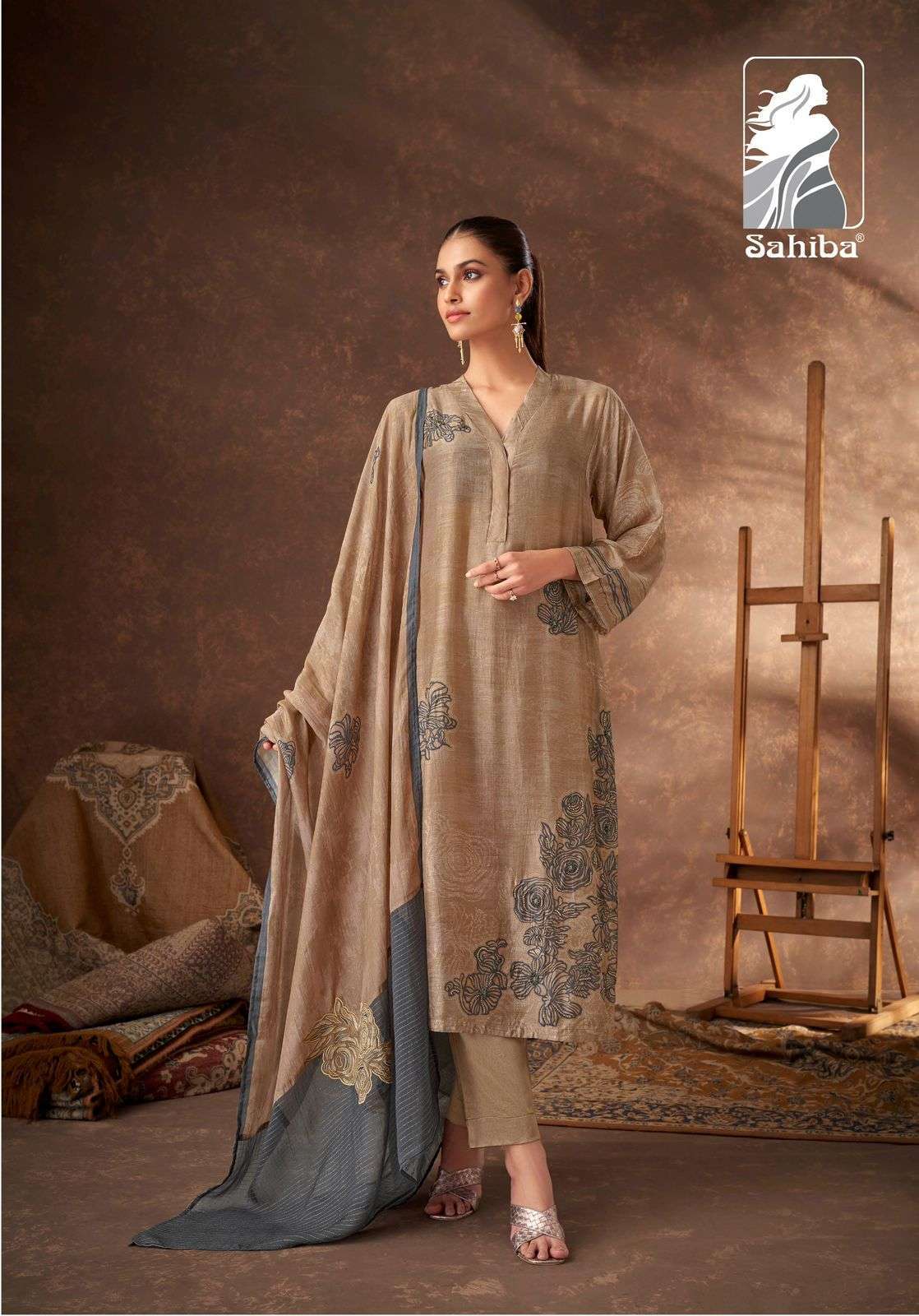 SAHIBA VEDA FANCY MUSLIN SILK SALWER SUIT CATALOGUE WHOLESALER 