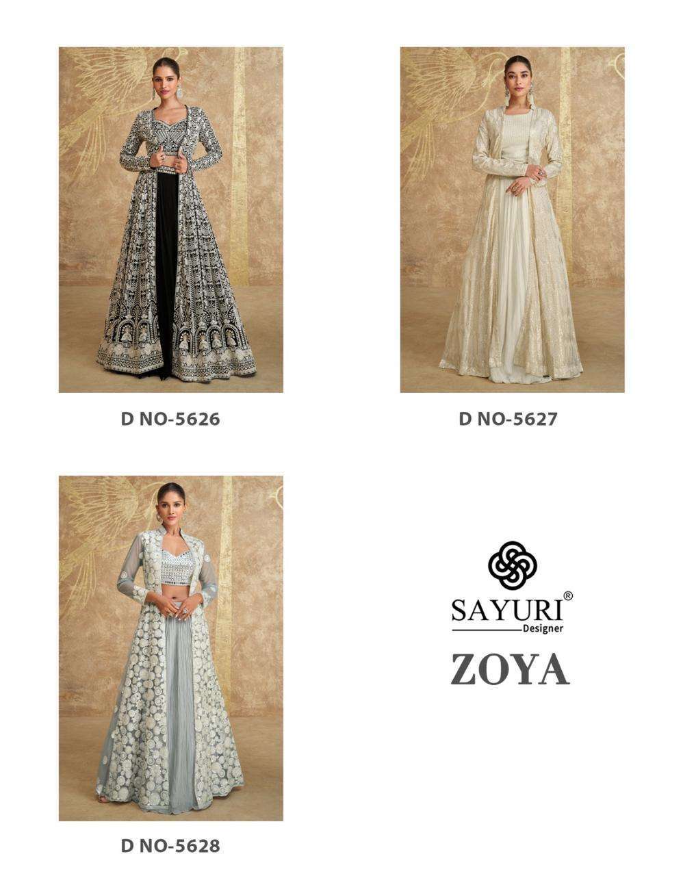 SAYURI ZOYA 5626 TO 5628 DESIGNER SHRUG STYLE PARTYWEAR DRESS CATALOGUE DEALER 2024