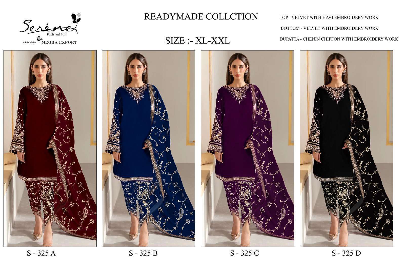 SERENE S 325 COLORS LATEST DESIGN VELVET READYMADE SUIT WHOLESALER 