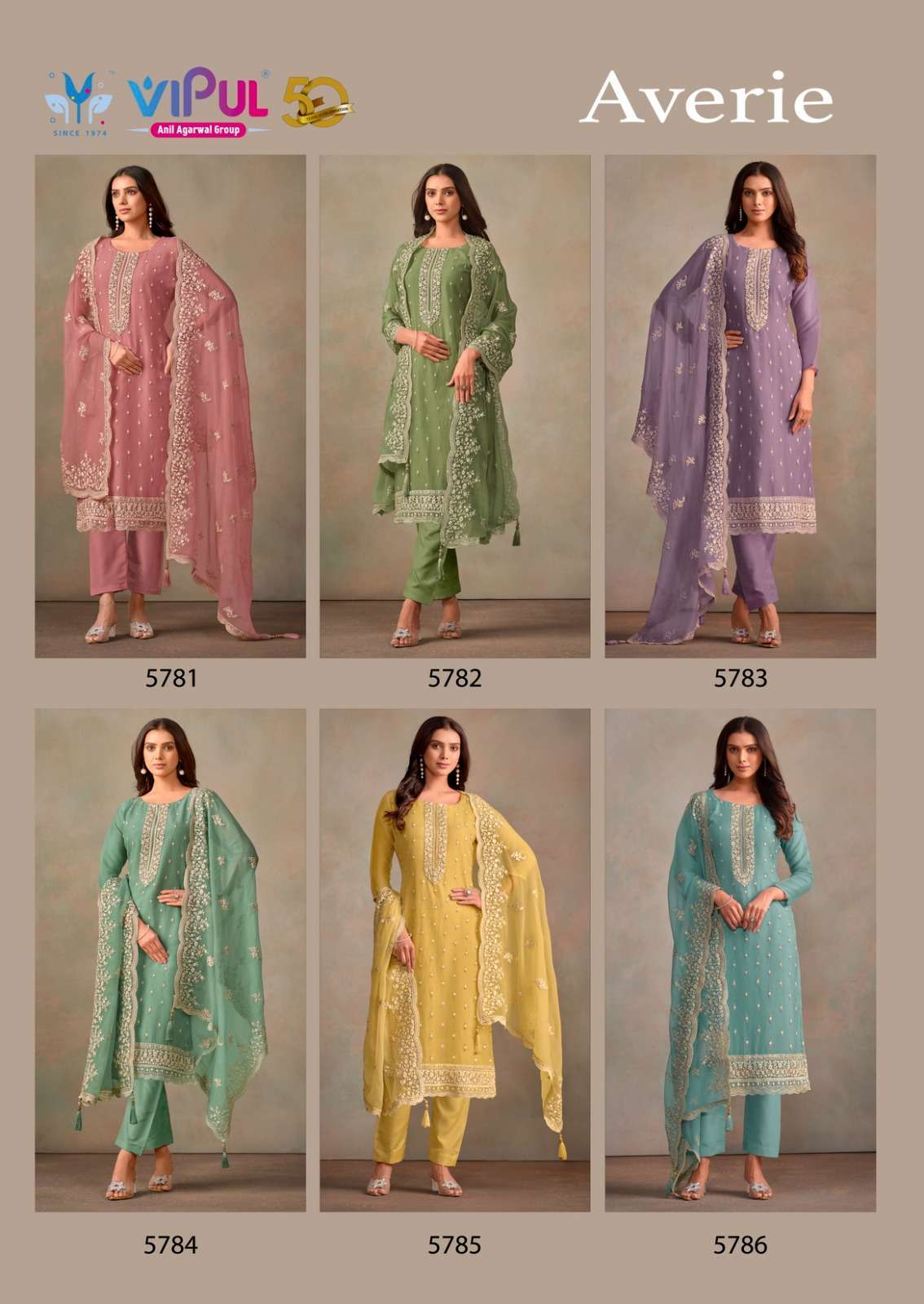 VIPUL FASHION AVERIE ORGANZA STYLE SUIT CATALOGUE WHOLESALER 2024