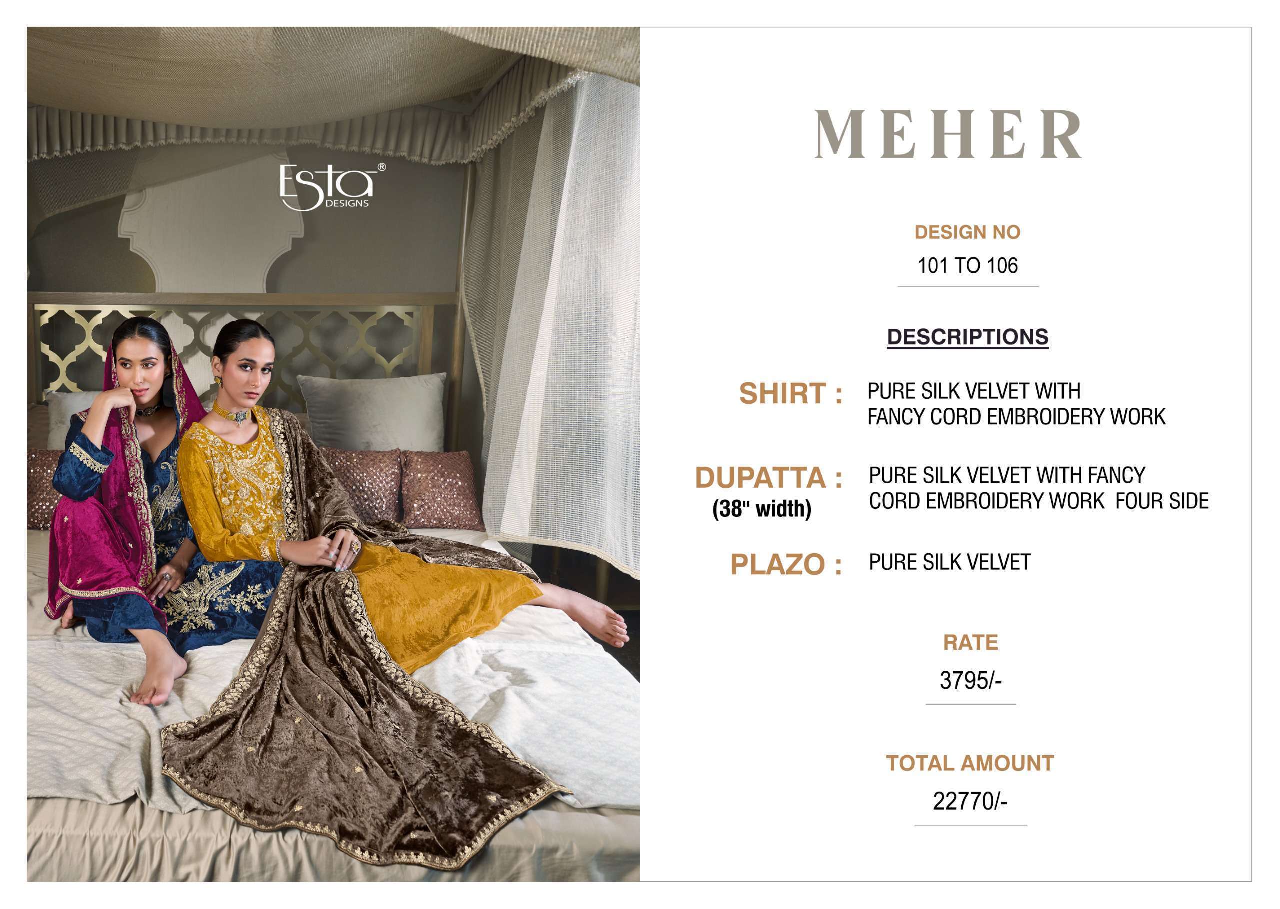 ESTA MEHER PURE SILK VELVET DESIGNER SUIT CATALOGUE DEALER 