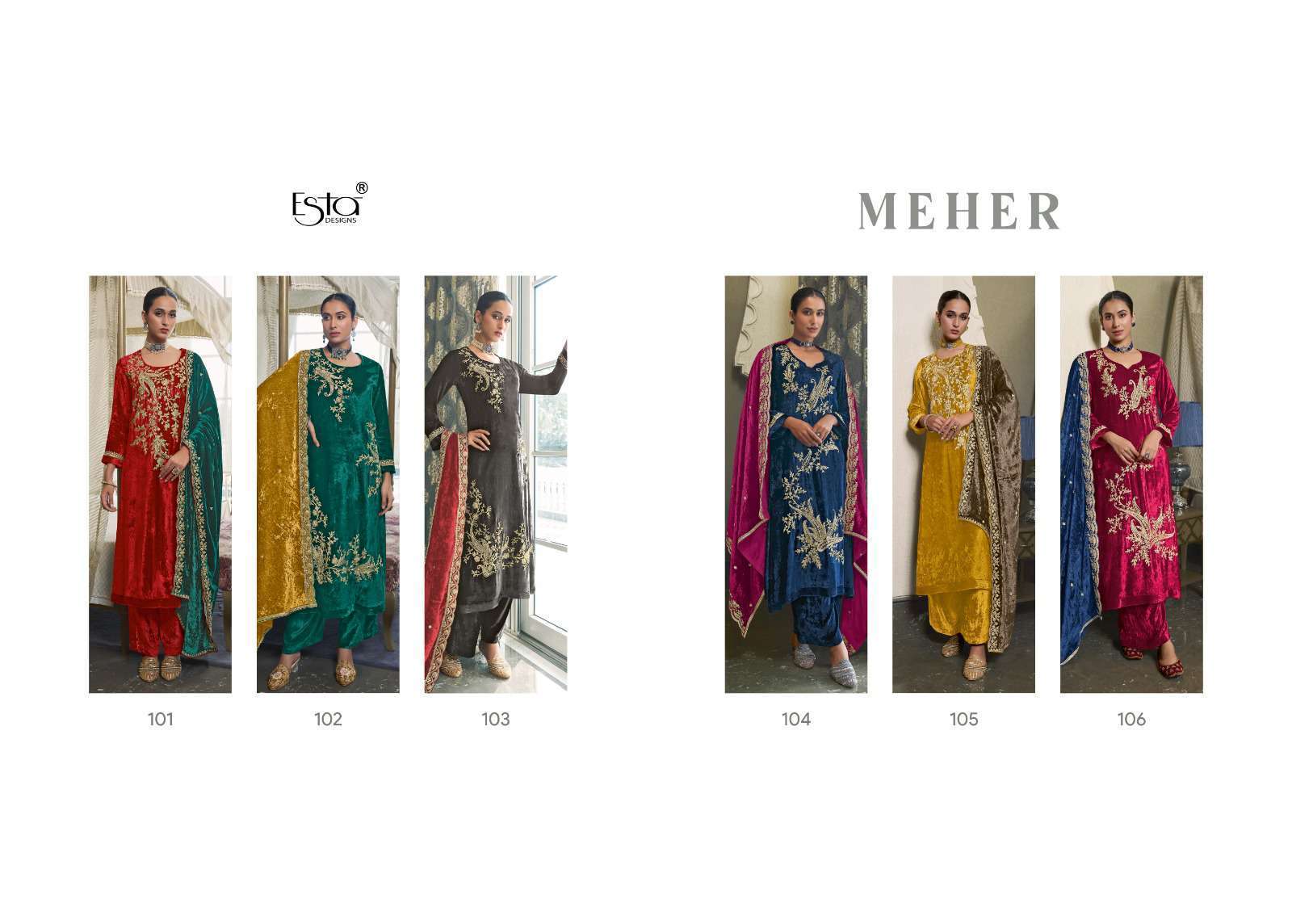 ESTA MEHER PURE SILK VELVET DESIGNER SUIT CATALOGUE DEALER 