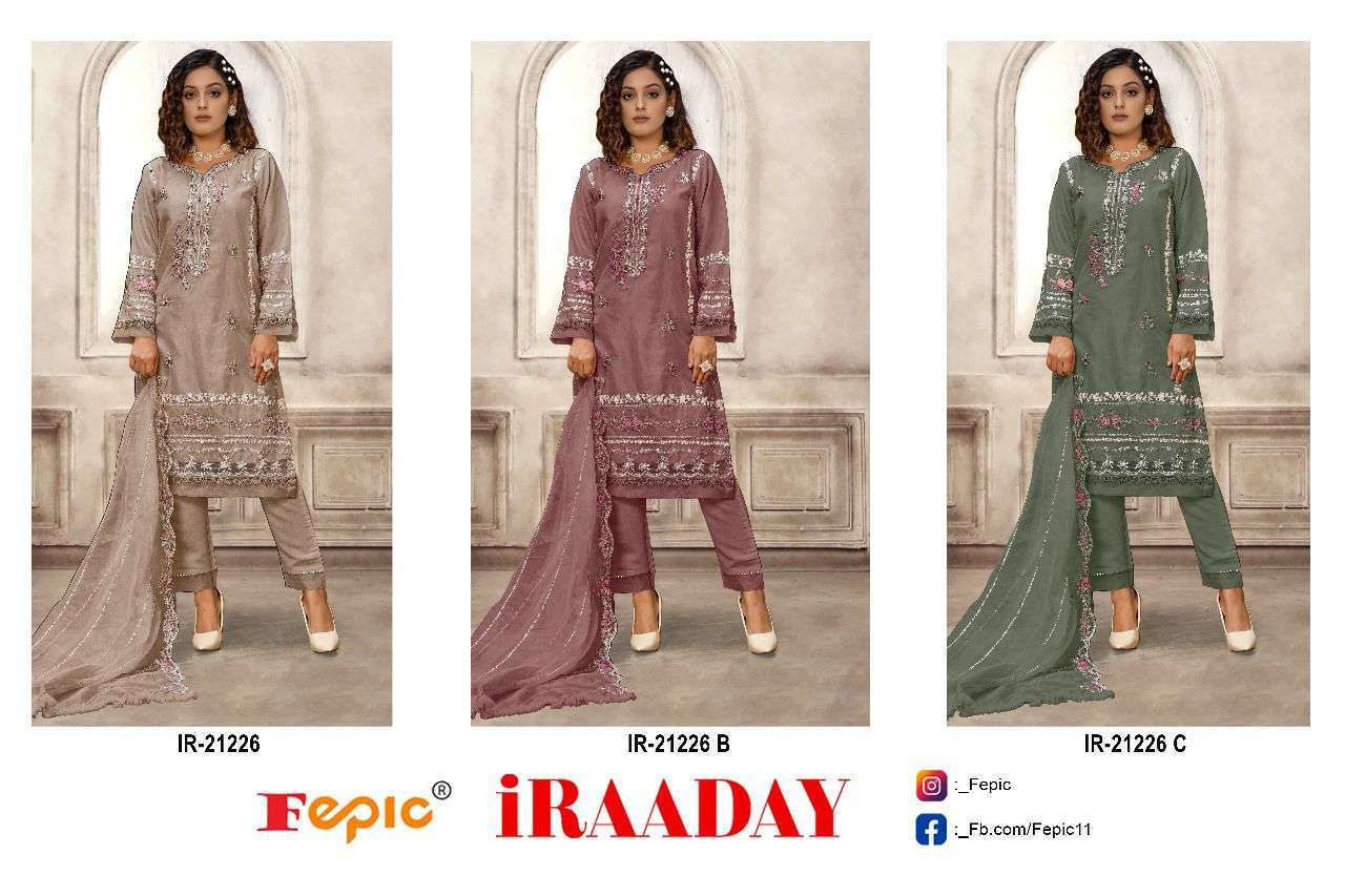 FEPIC IR 21226 COLORS ORGANZA EMBROIDERY PAKISTANI SUIT WHOLESALER