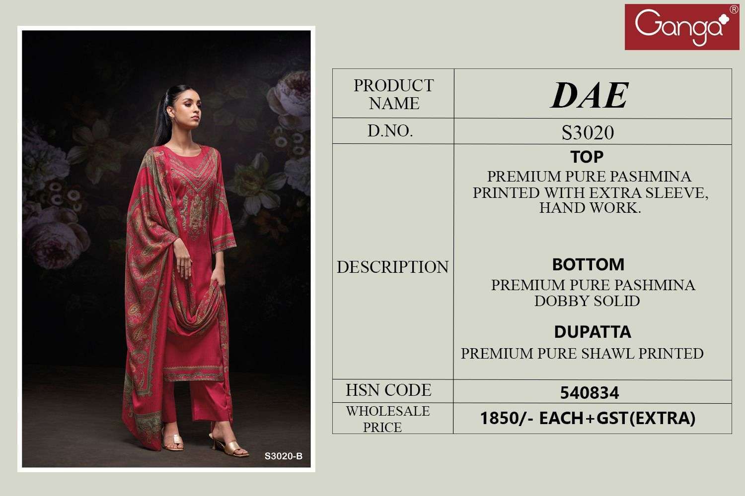 GANGA FASHION DAE 3020 PURE PASHMINA WINTER SUIT CATALOGUE 2024