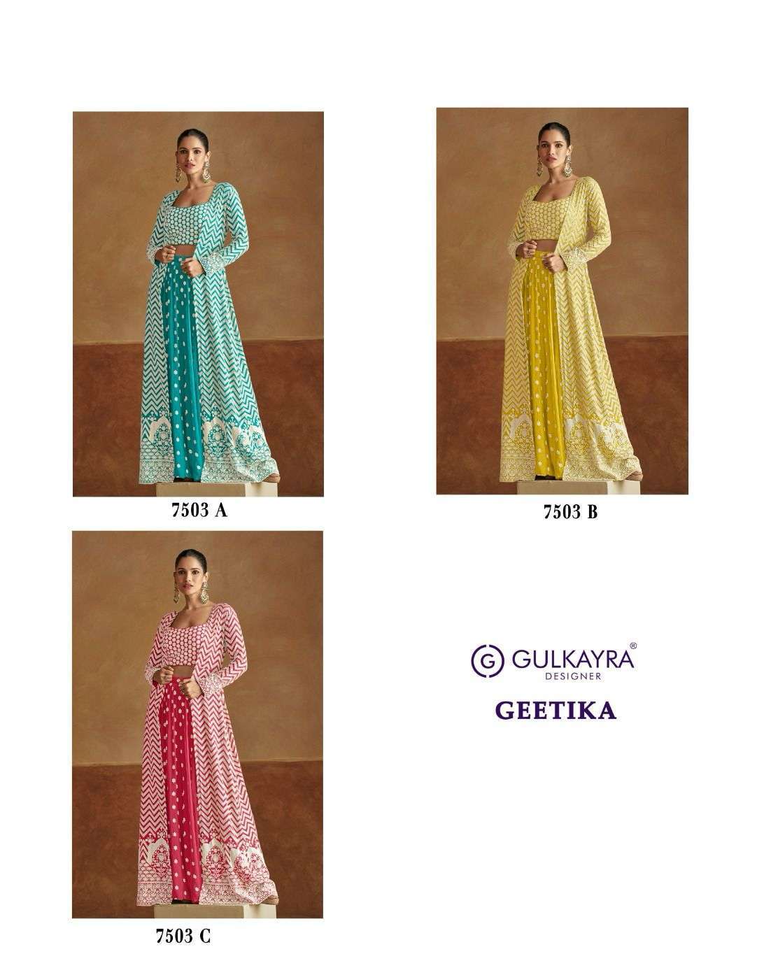 GULKAYRA GEETIKA 7503 COLORS PARTYWEAR SHRUG SUIT LATEST DESIGN WHOLESALER 2024