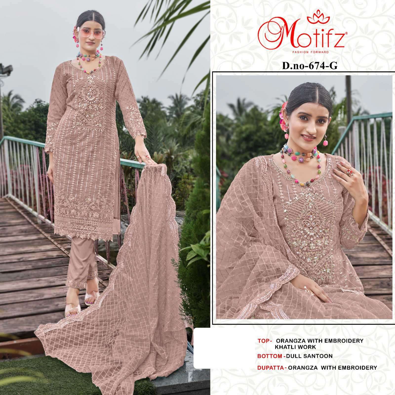 MOTIFZ D 674 COLORS DESIGNER ORGANZA WORK PAKISTANI SUIT WHOLESALER 2024